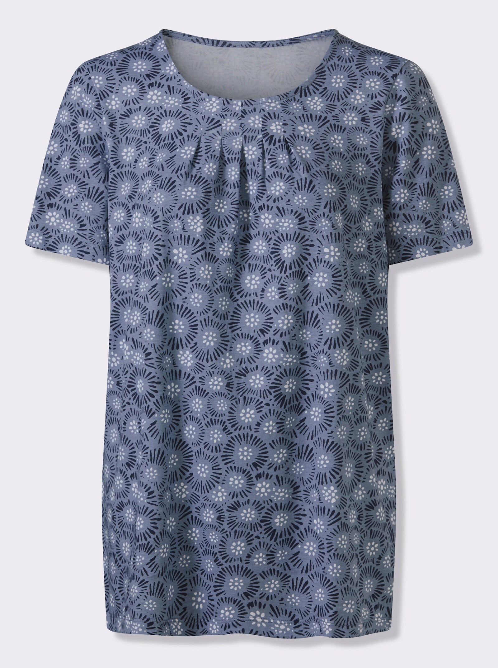 Longshirt mit Falten am Ausschnitt - taubenblau-marine-bedruckt