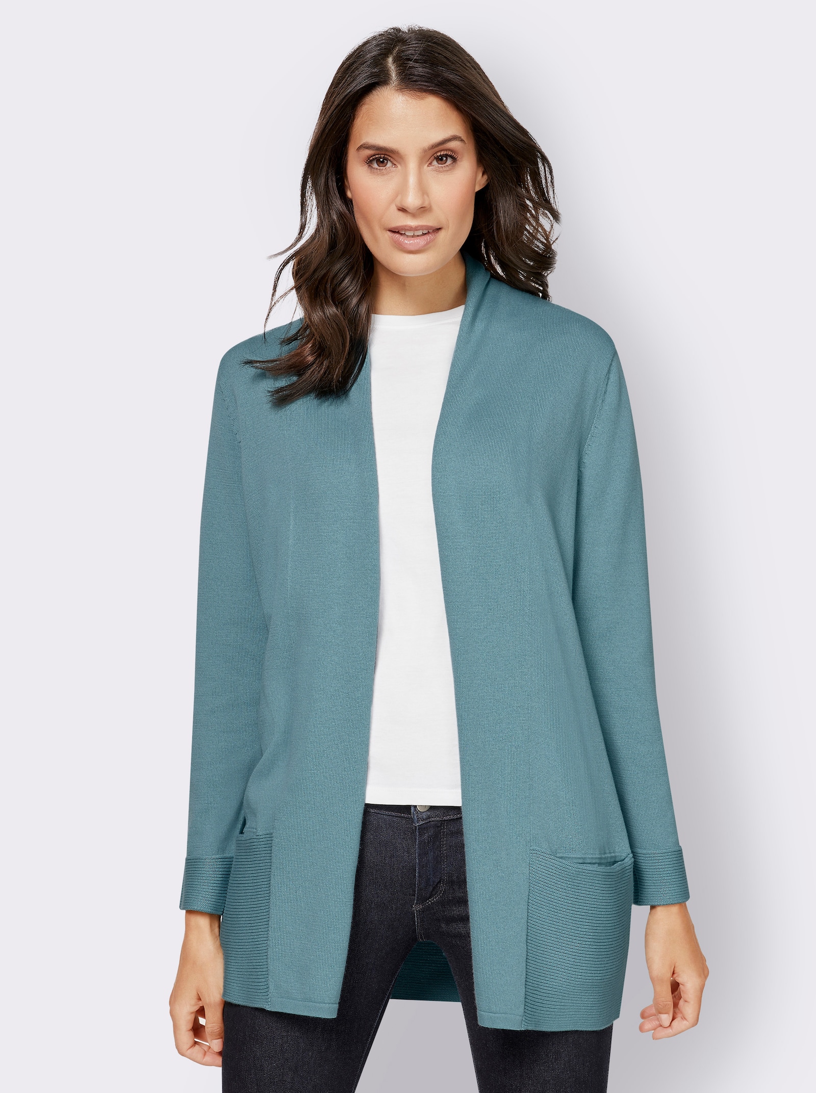 Longstrickjacke mit Schalkragen - wintertürkis