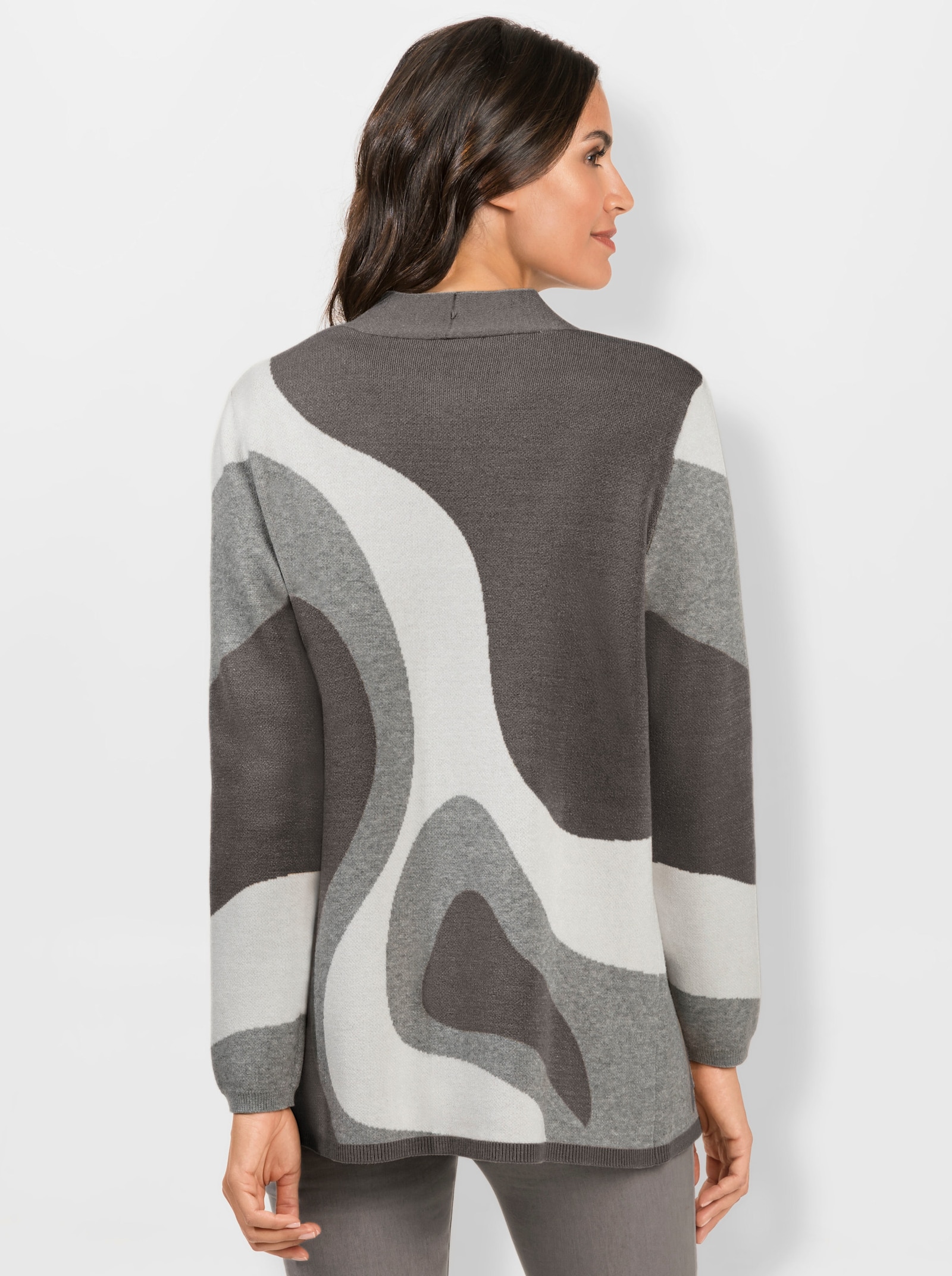 Jacquardstrickjacke in offener Longform - anthrazit-steingrau-gemustert