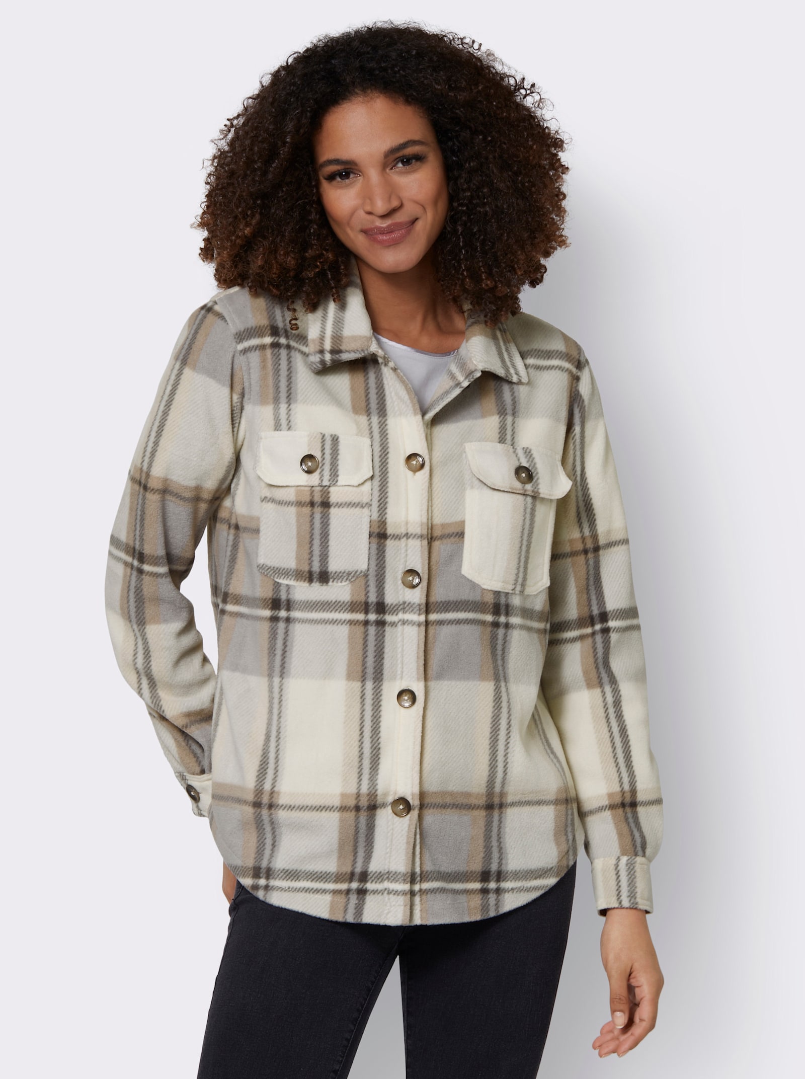 Fleecejacke mit Knöpfen in Horn-Optik - champagner-steingrau-kariert