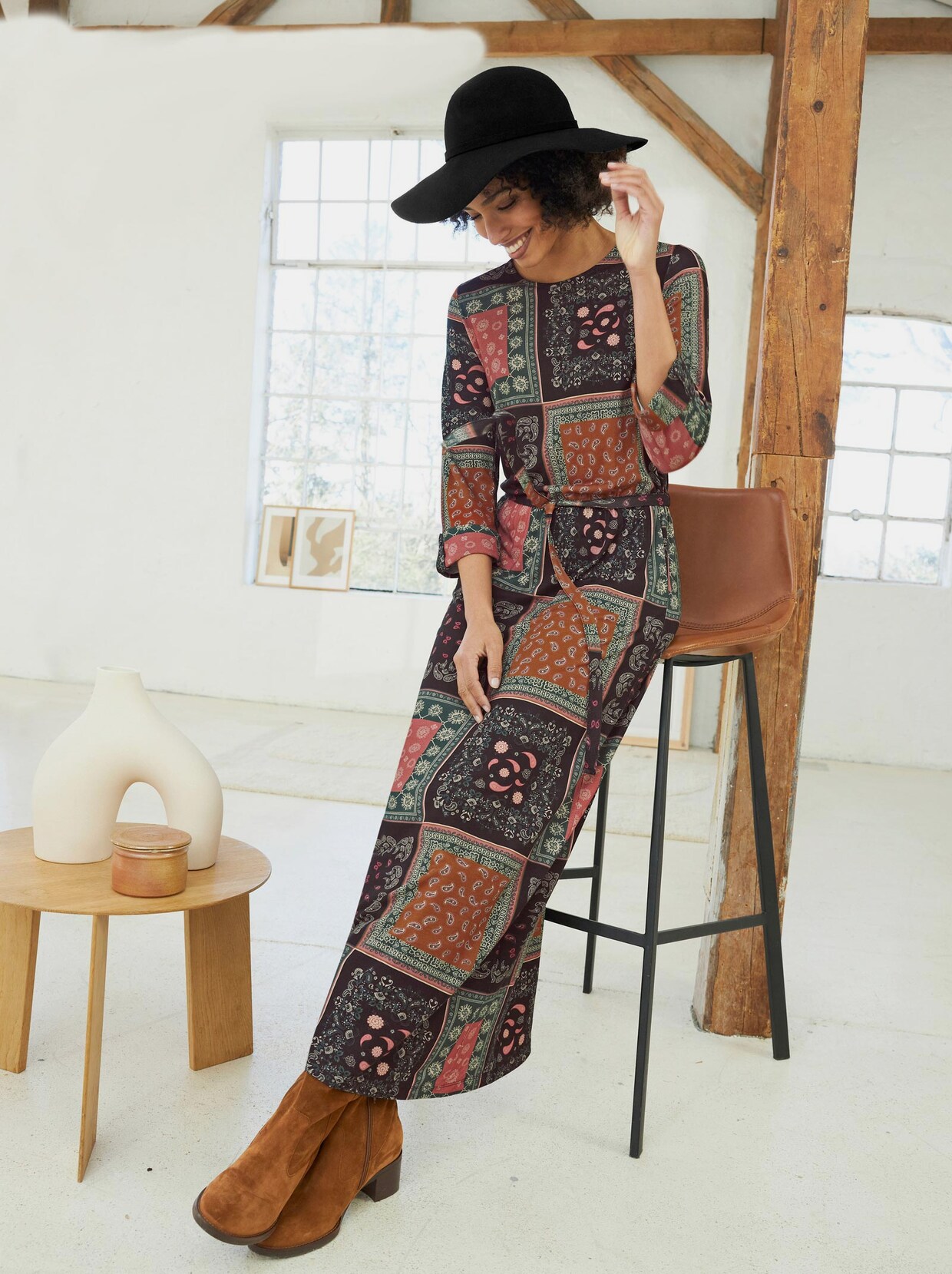 Linea Tesini Jersey-Kleid - schwarz-rosenholz-bedruckt