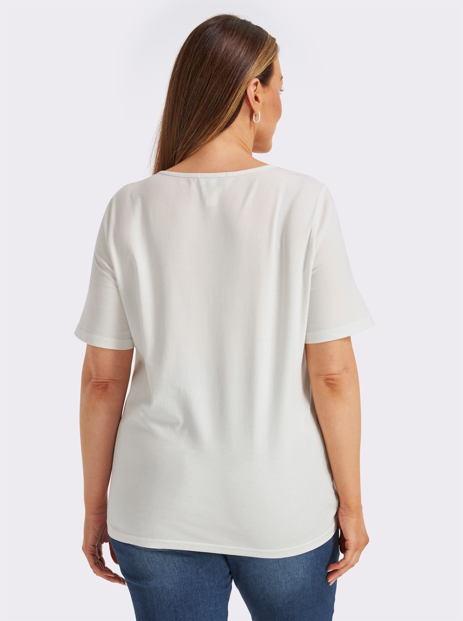 Kurzarmshirt mit Glitzersteinchen - ecru-fuchsia-bedruckt