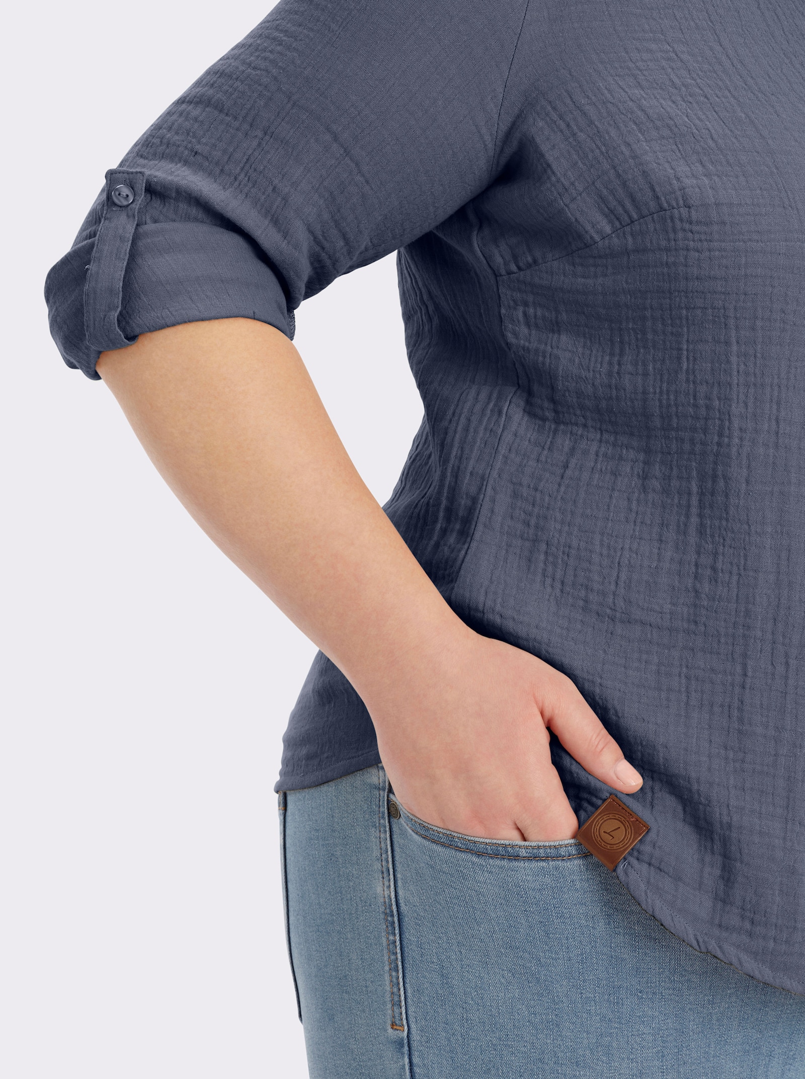 Baumwollbluse mit krempelbaren Ärmeln - rauchblau
