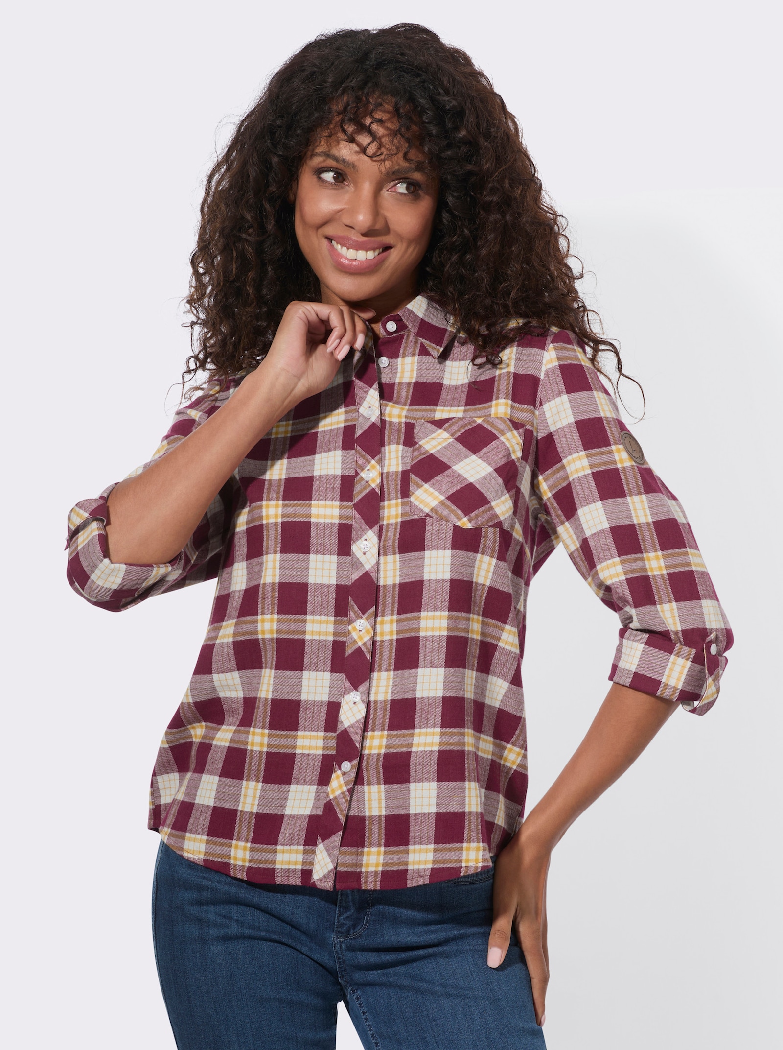  Flanellbluse mit abgerundetem Saum - bordeaux-ecru-kariert