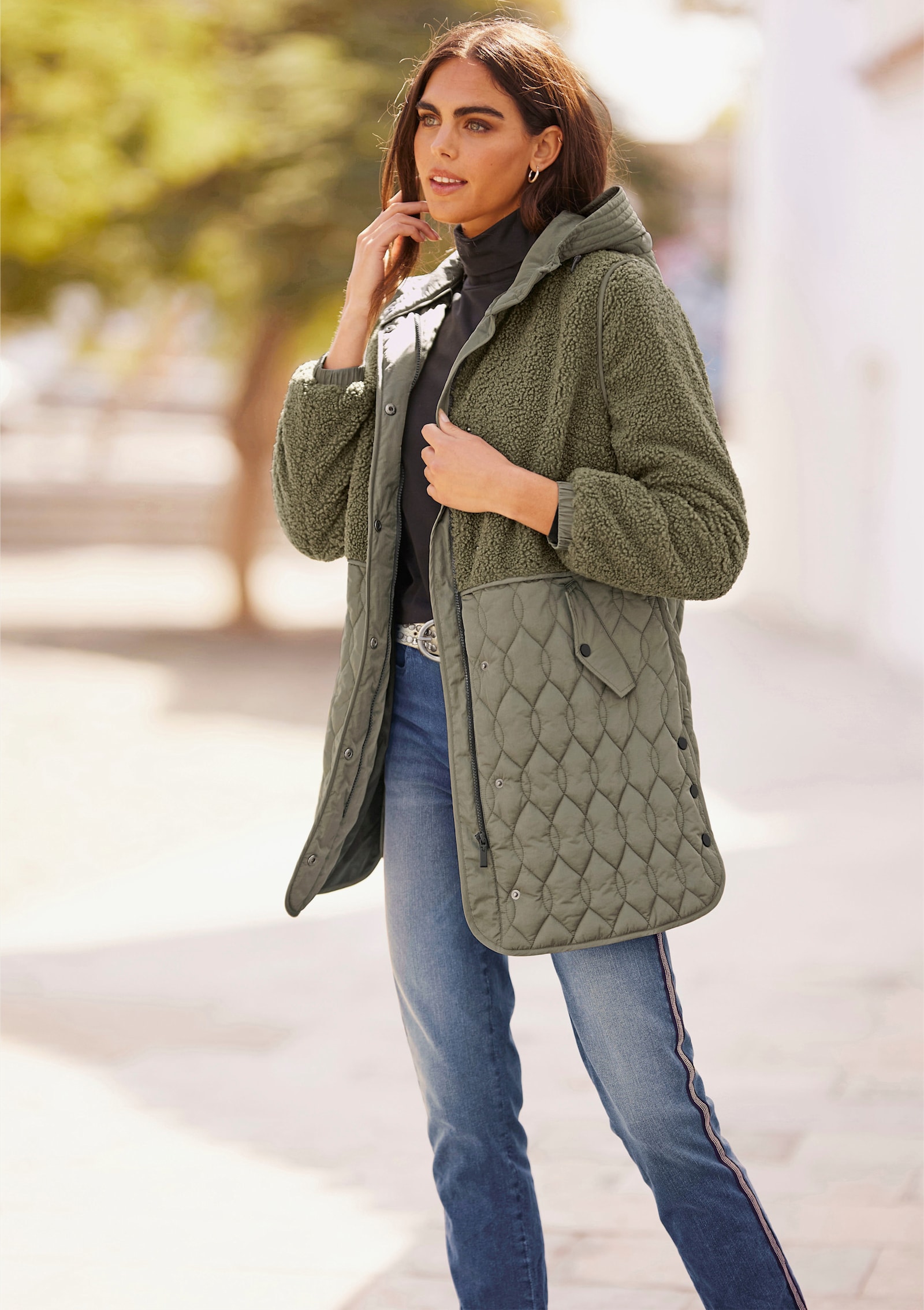 heine Longjacke Materialmix aus Teddy und Stepp - khaki