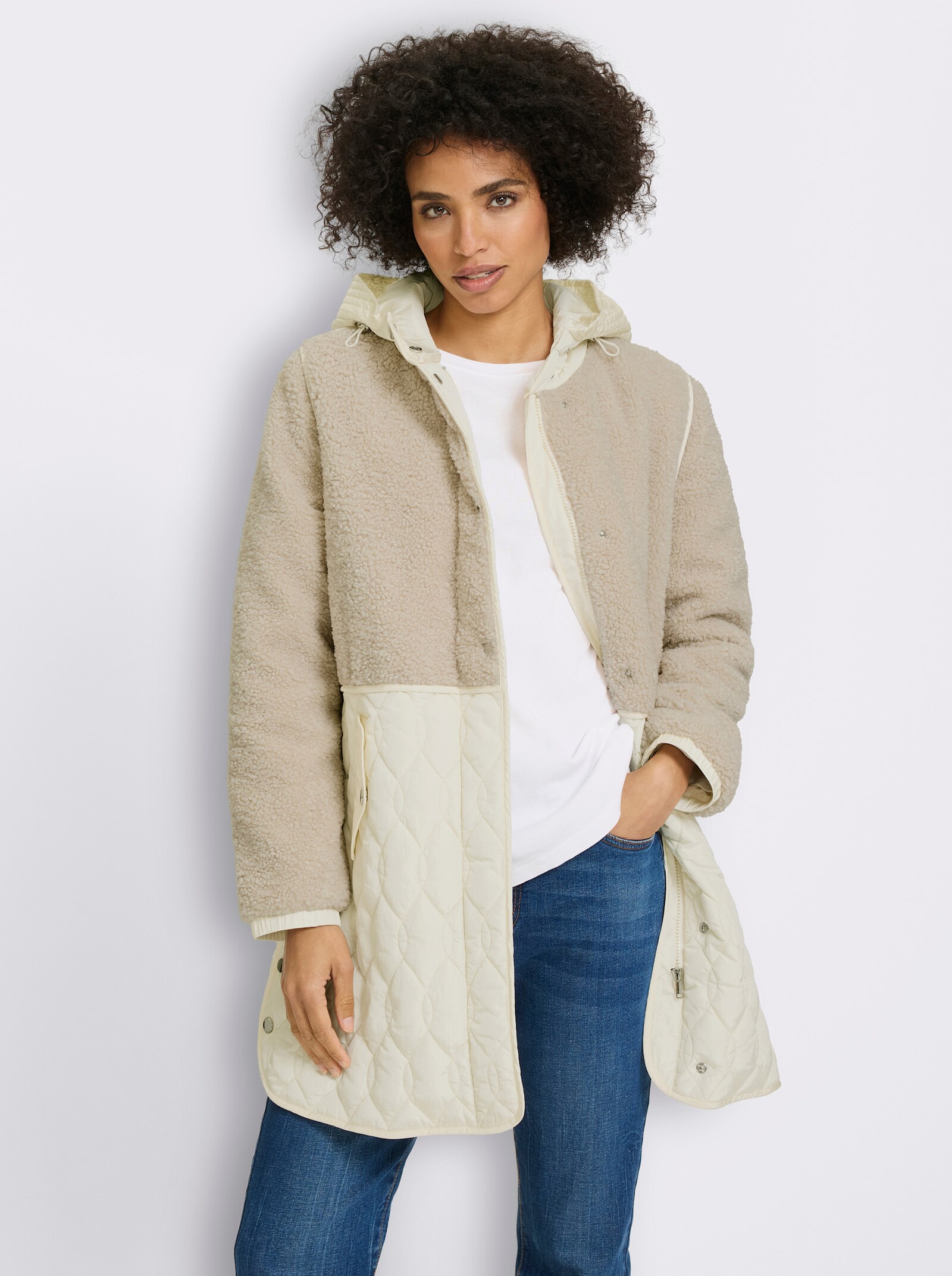 heine Longjacke Materialmix aus Teddy und Stepp - champagner