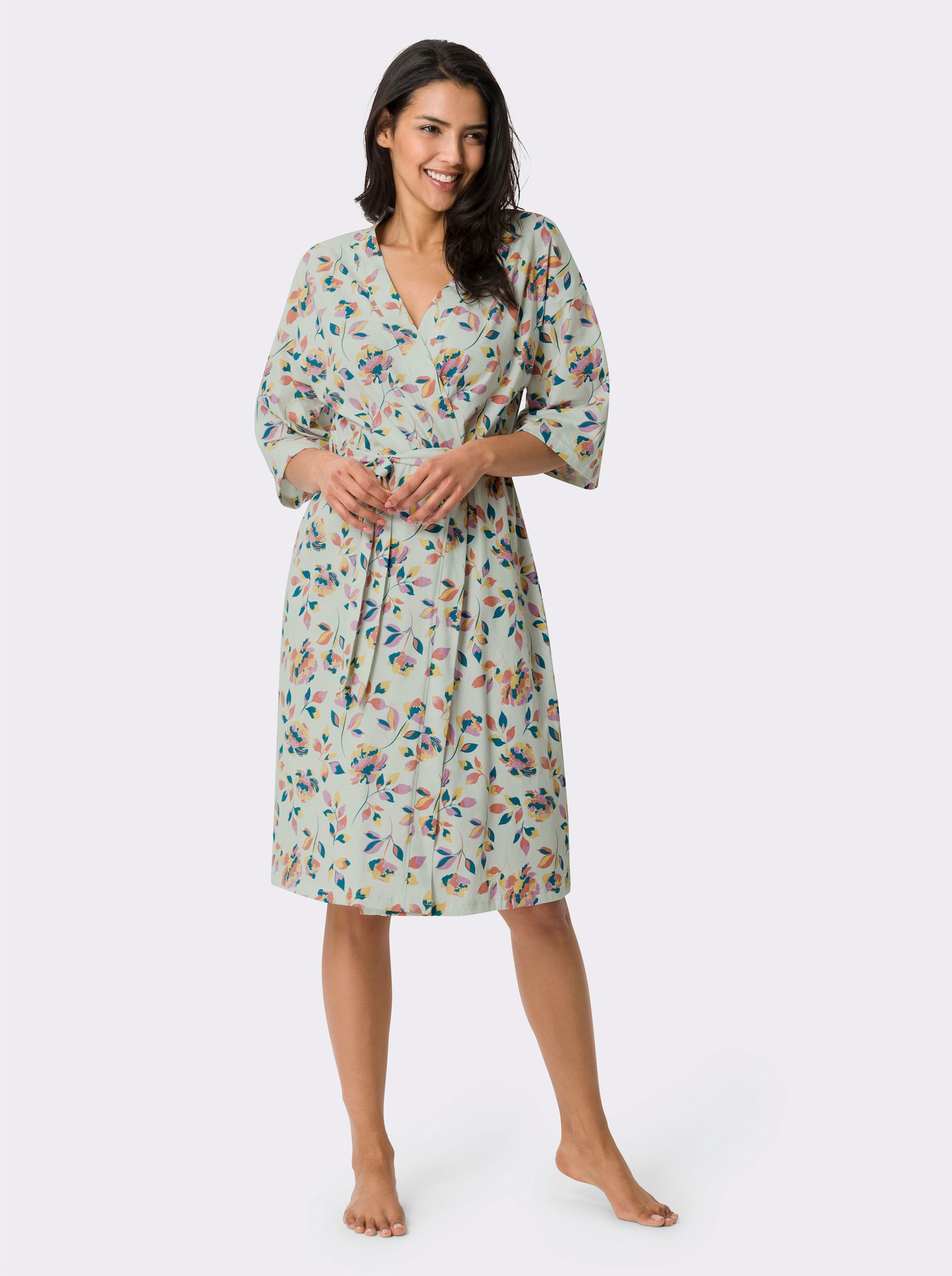 Morgenmantel im Blüten-Dessin - zartmint-bedruckt