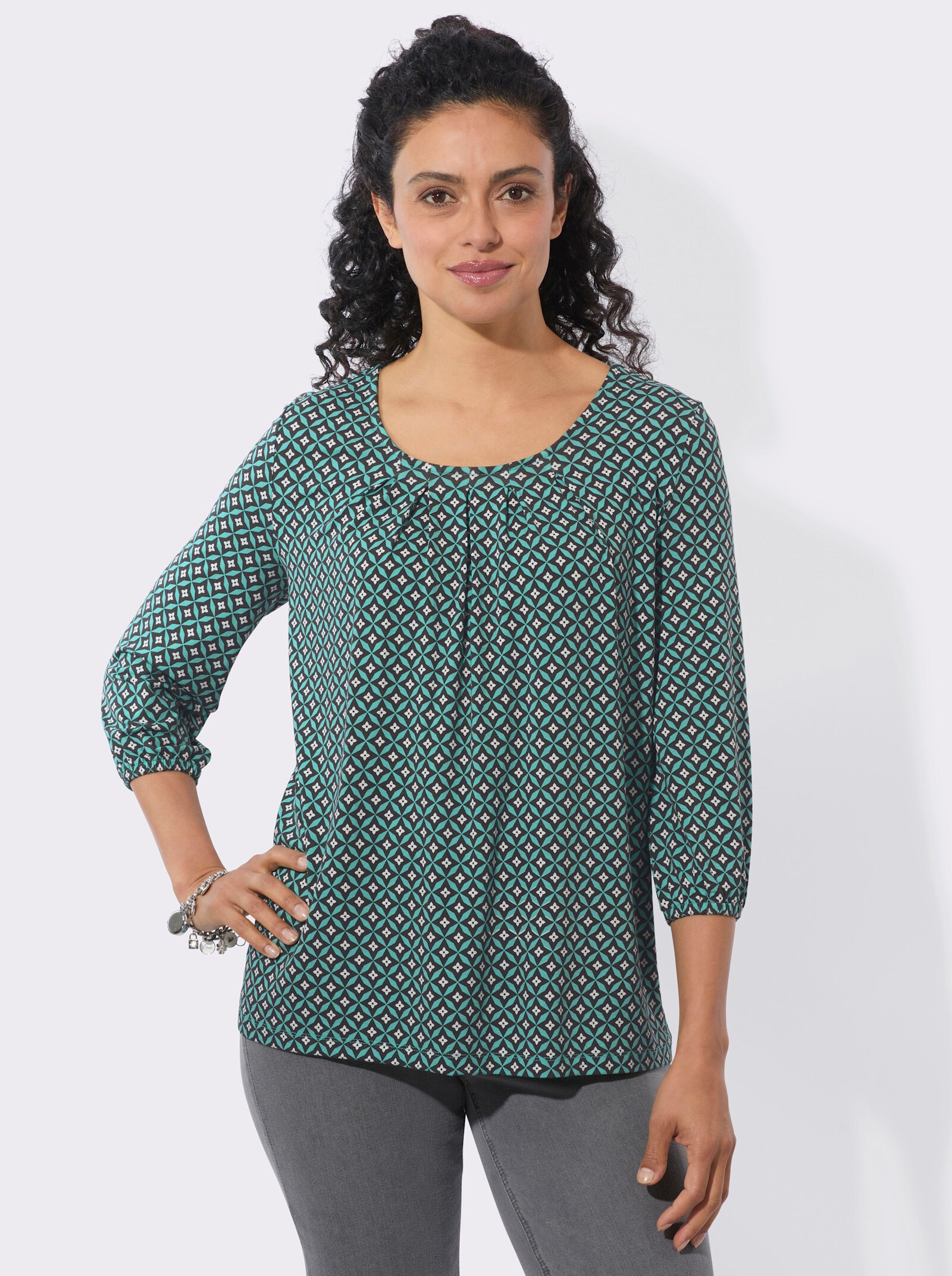 3/4-Arm-Shirt mit Gummizug am Ärmel - salbei-graphit-bedruckt