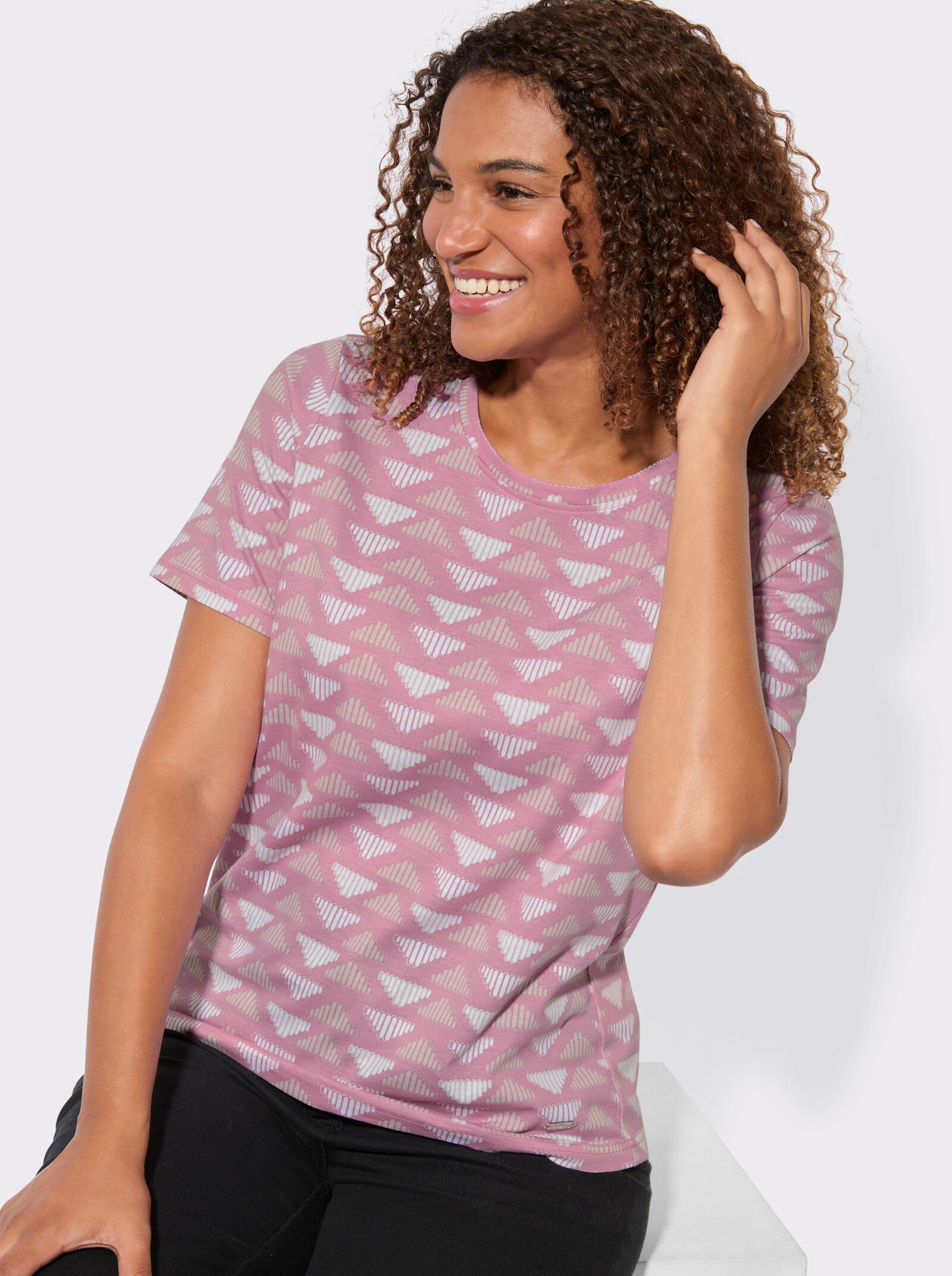 Kurzarmshirt aus reiner Baumwolle - altrosa-elfenbein-gemustert