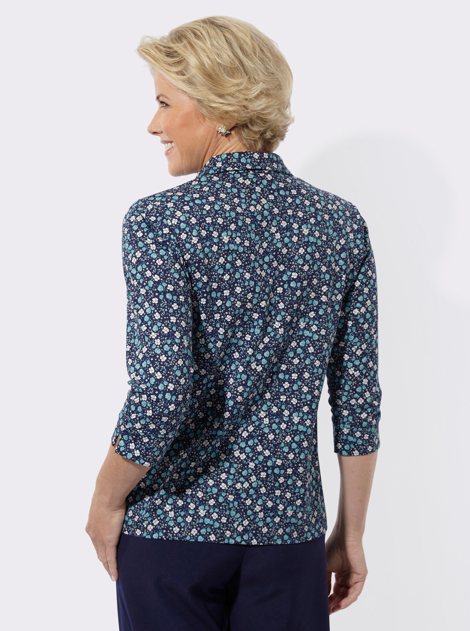 Poloshirt mit Glitzersteinchen - marine-türkis-bedruckt