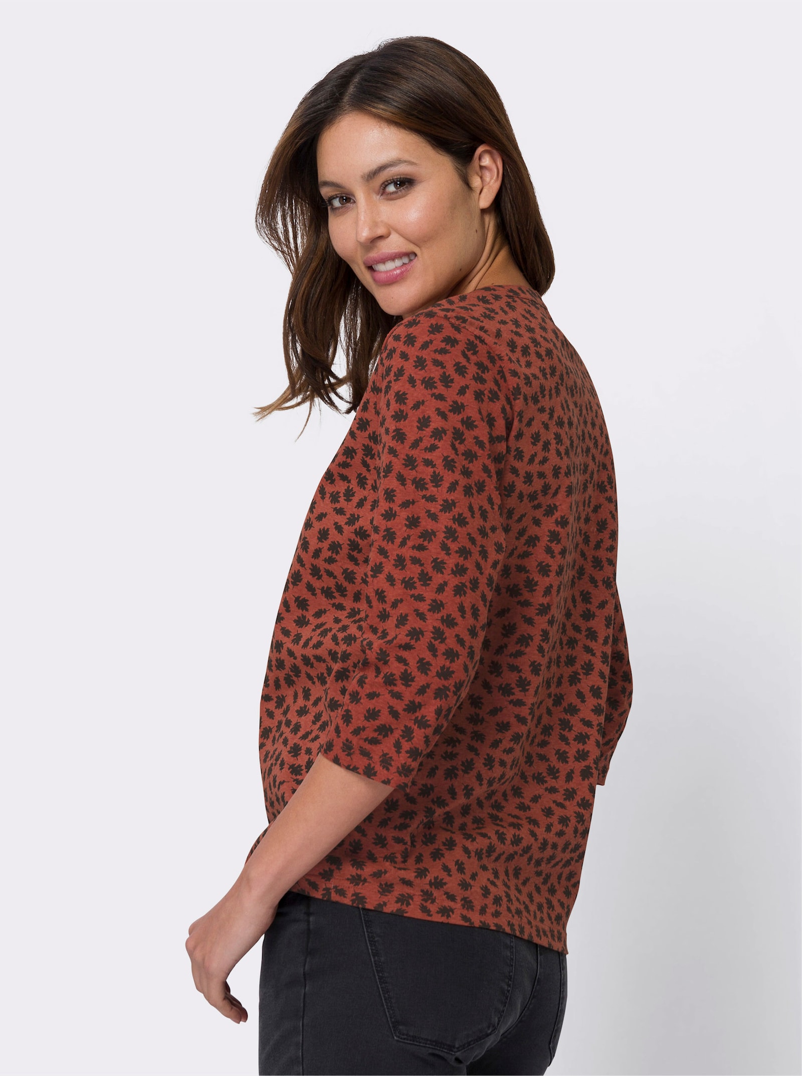 Tričko s 3/4 rukávem a vzorem listí - rezavá-černá-potisk