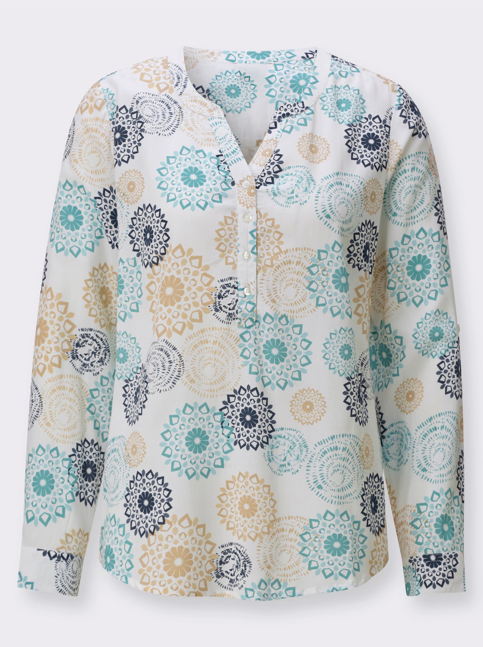 Langarmbluse mit Krempelfunktion - ecru-ozean-bedruckt