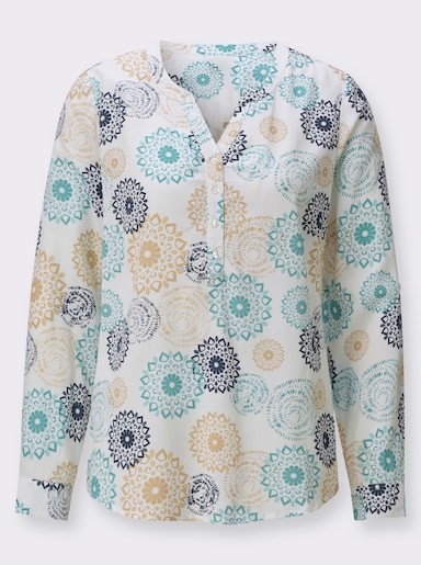 Langarmbluse mit Krempelfunktion - ecru-ozean-bedruckt