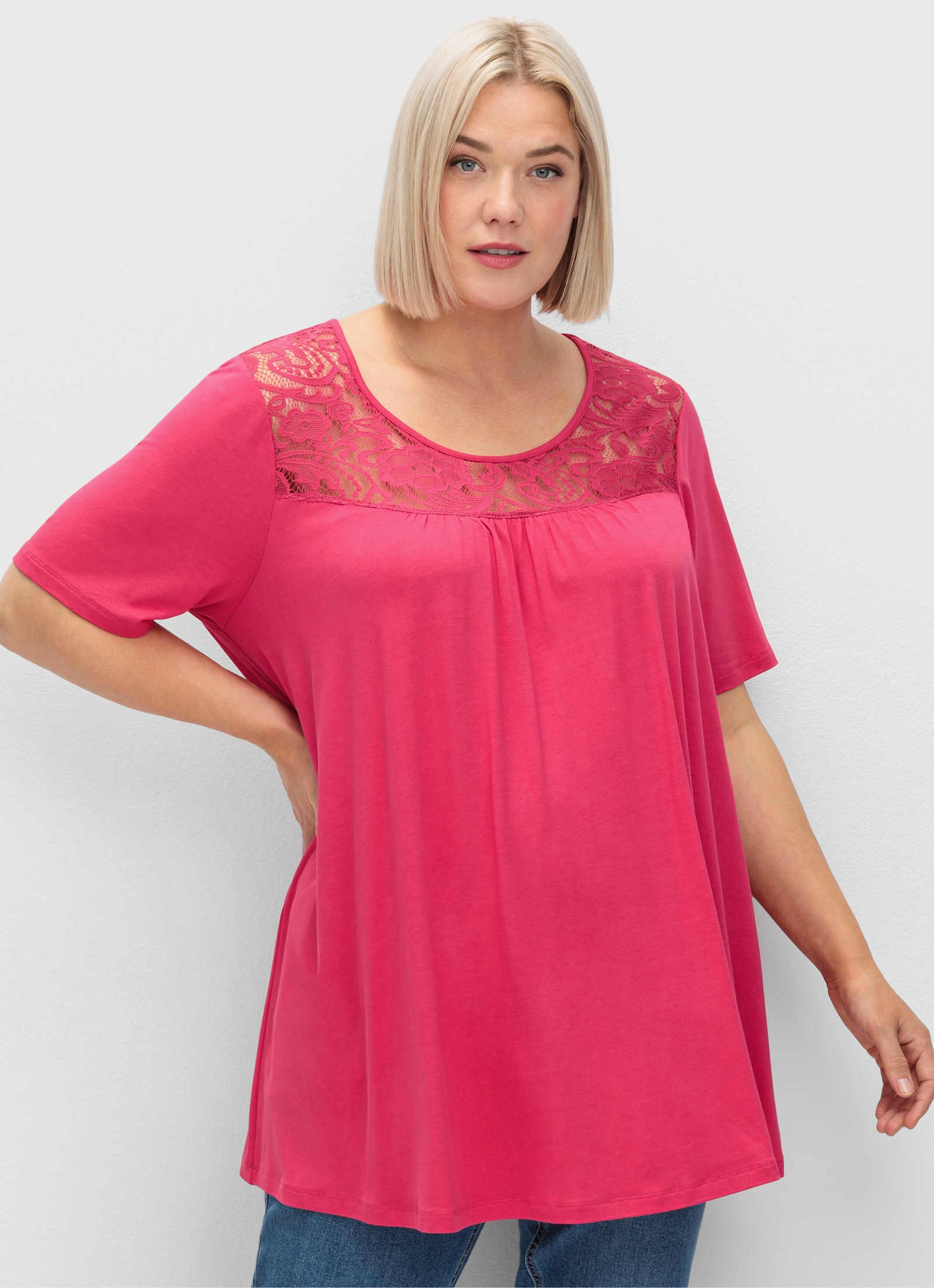 sheego Lang shirt met kanten pas - sorbet pink
