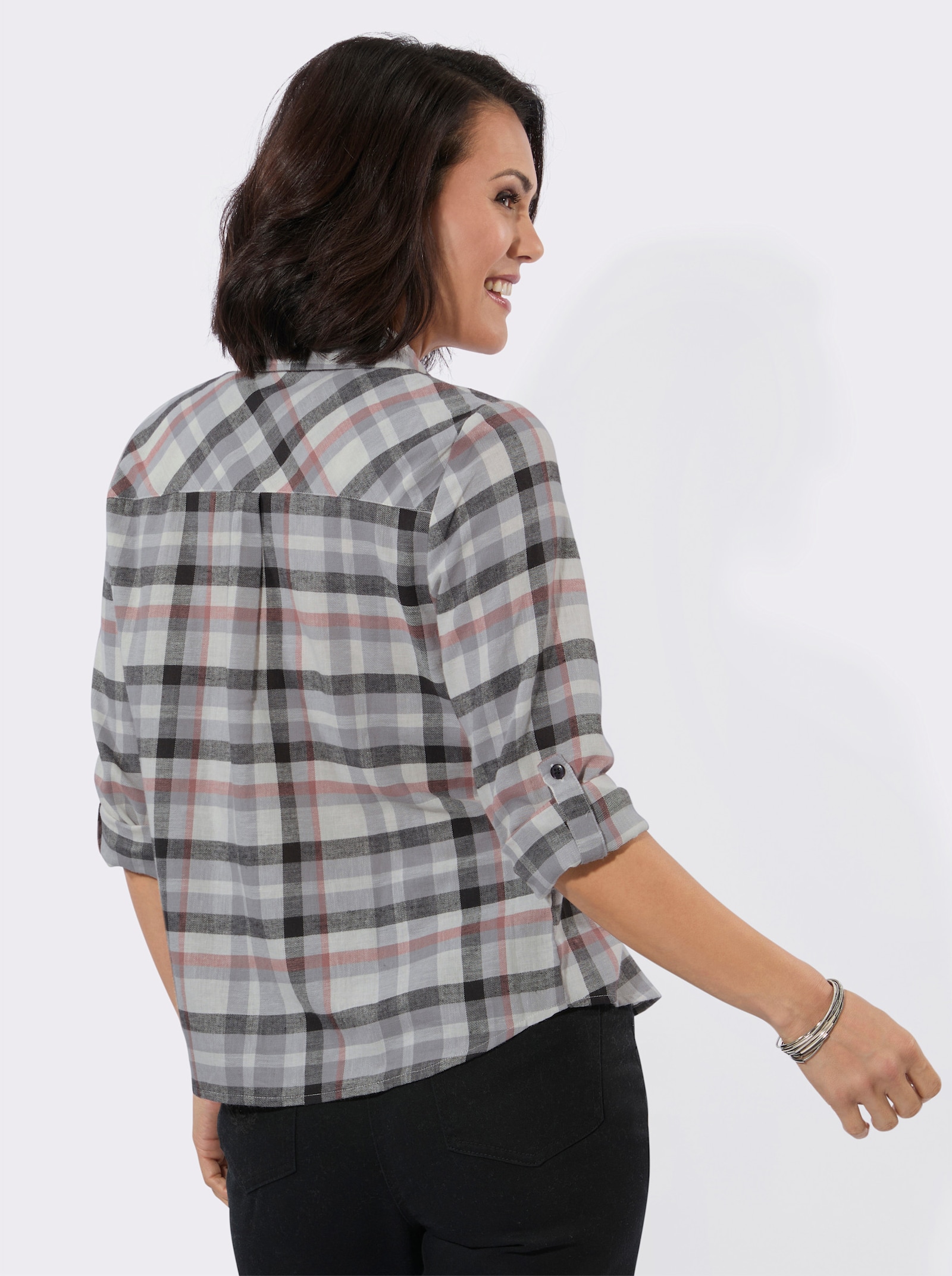 Flanellbluse mit Kellerfalte im Rücken - graphit-ecru-kariert