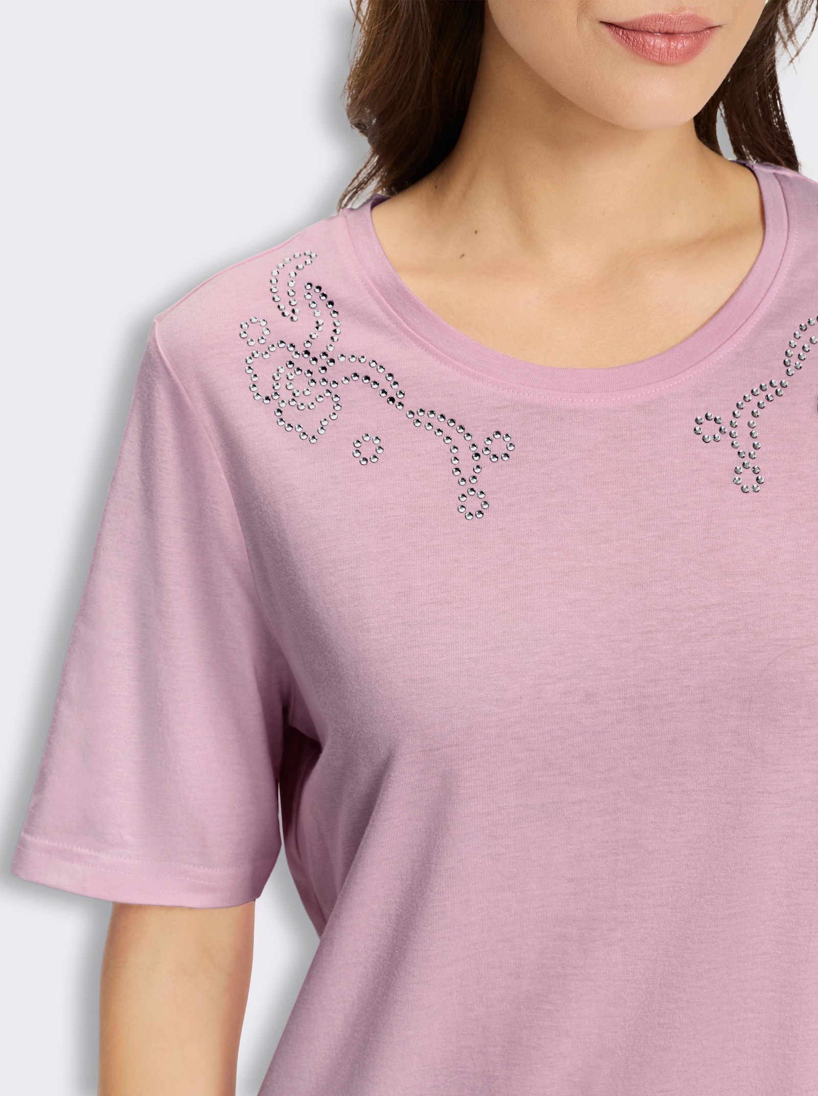 Kurzarmshirt mit Glitzersteinchen - rosé