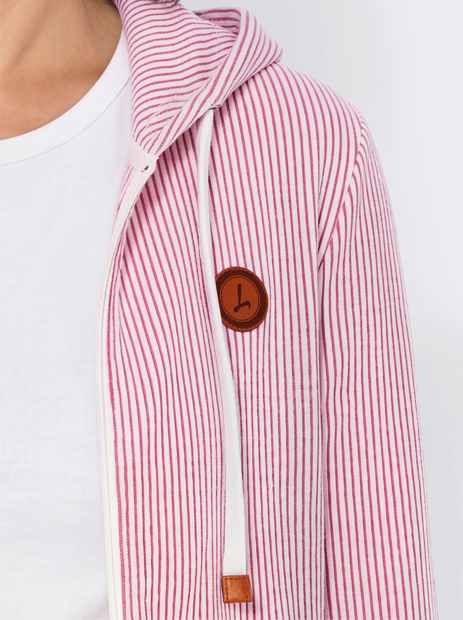 Sweatjacke mit Känguru-Tasche - fuchsia-ecru-gestreift