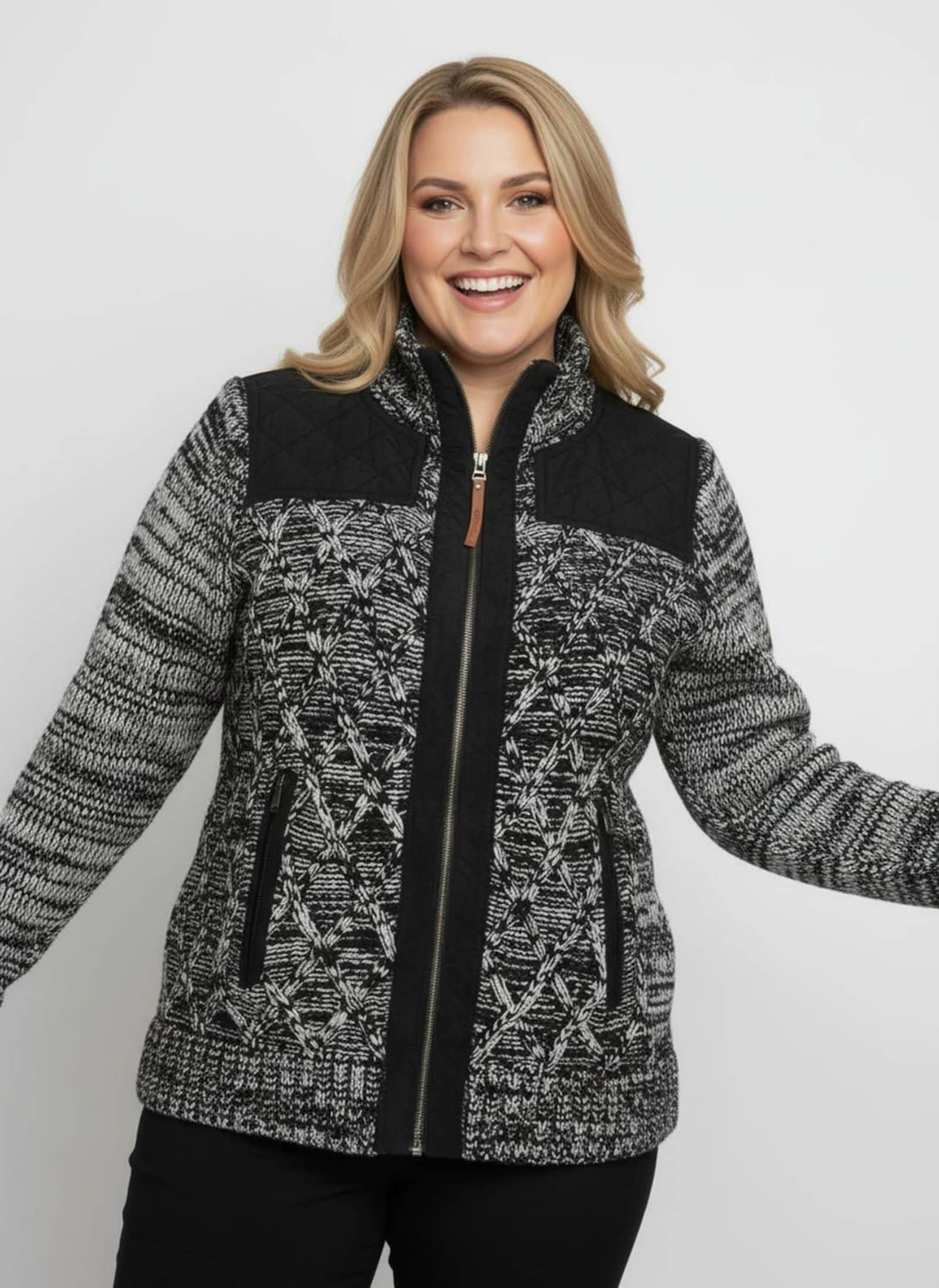 Strickjacke , hinten glatt gestrickt - schwarz-meliert