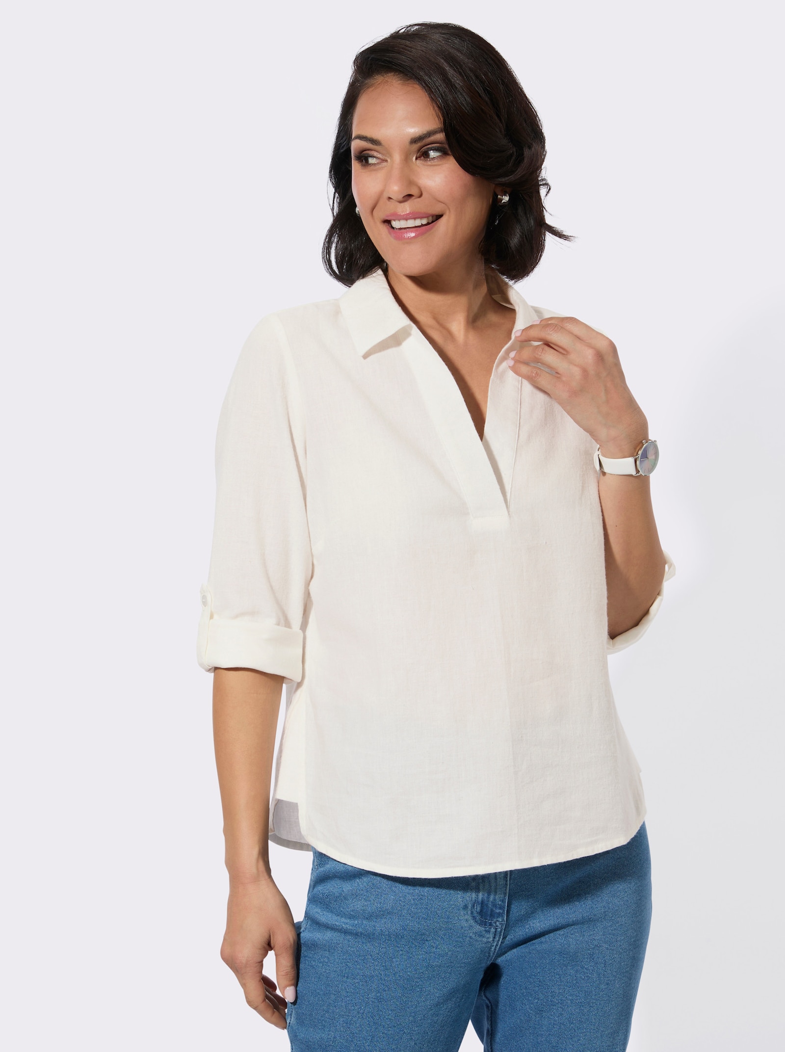 Flanellbluse mit krempelbaren Ärmeln - ecru