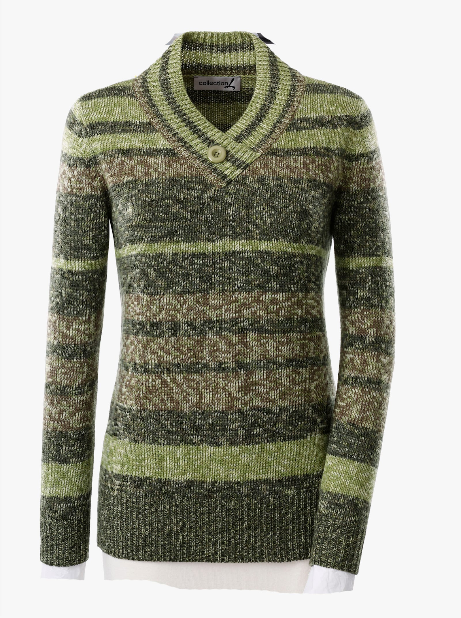 V-Ausschnitt-Pullover aus Melangegarn - lind-anthrazit-geringelt