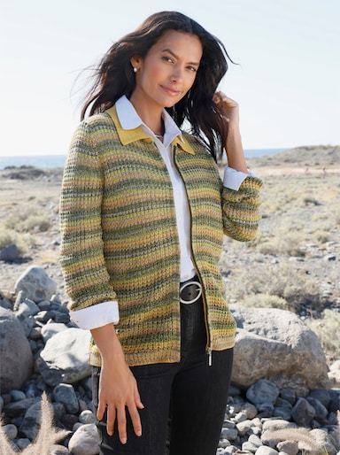 Strickjacke mit Polokragen - oliv-ocker-gemustert