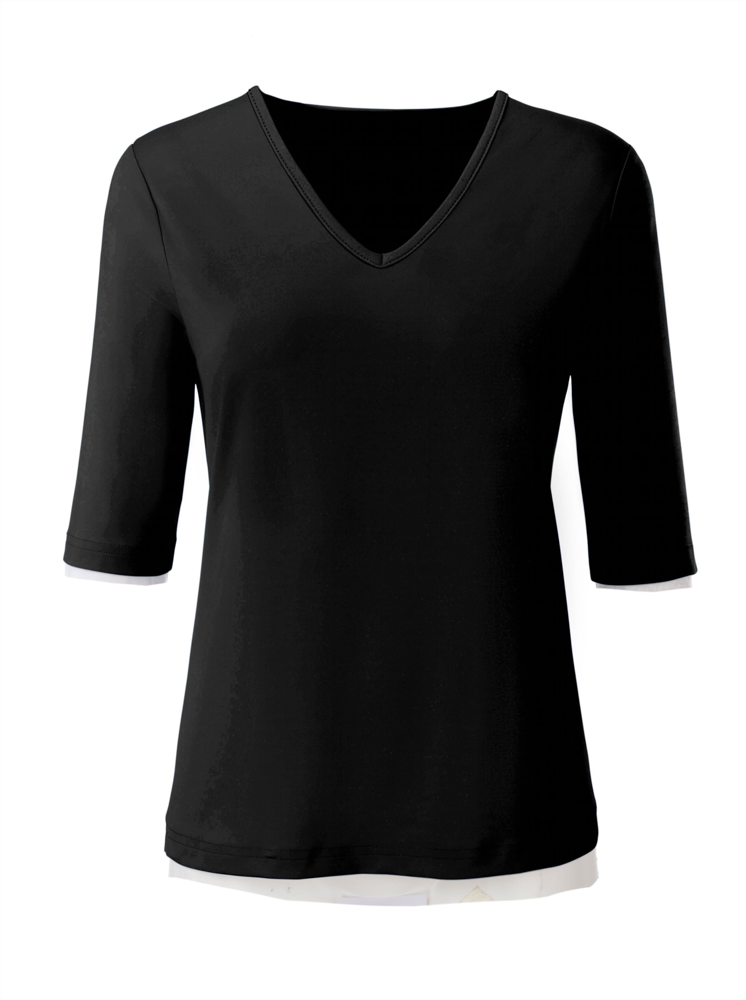 Pflegeleicht günstig Kaufen-V-Shirt in schwarz von heine. V-Shirt in schwarz von heine <![CDATA[Shirt mit V-Ausschnitt. Aus Tactel: herrlich weich, atmungsaktiv, dabei strapazierfähig, langlebig, knitterarm und pflegeleicht.]]>. 
