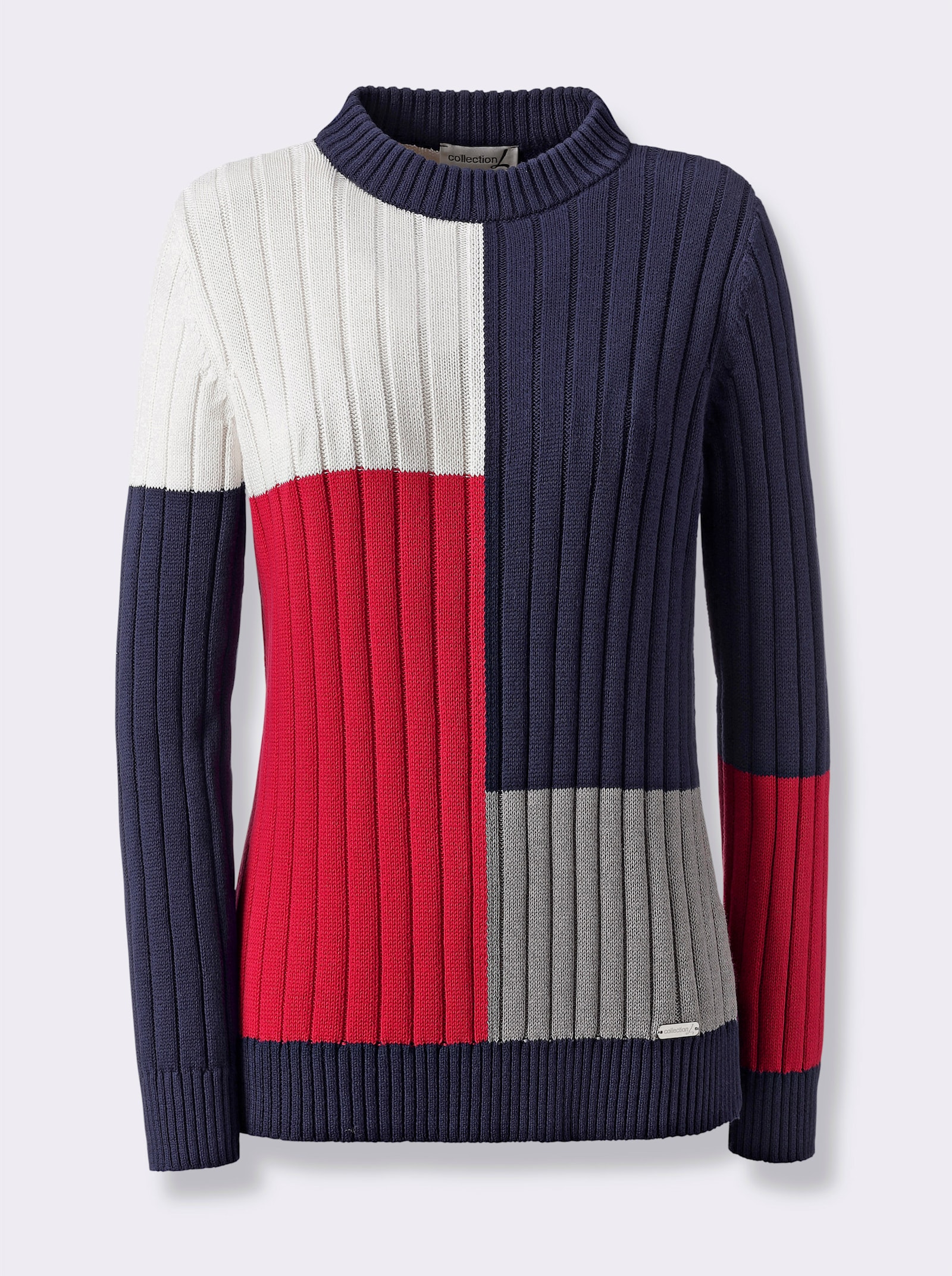 Stehkragenpullover im Colour Blocking-Muster - marine-rot