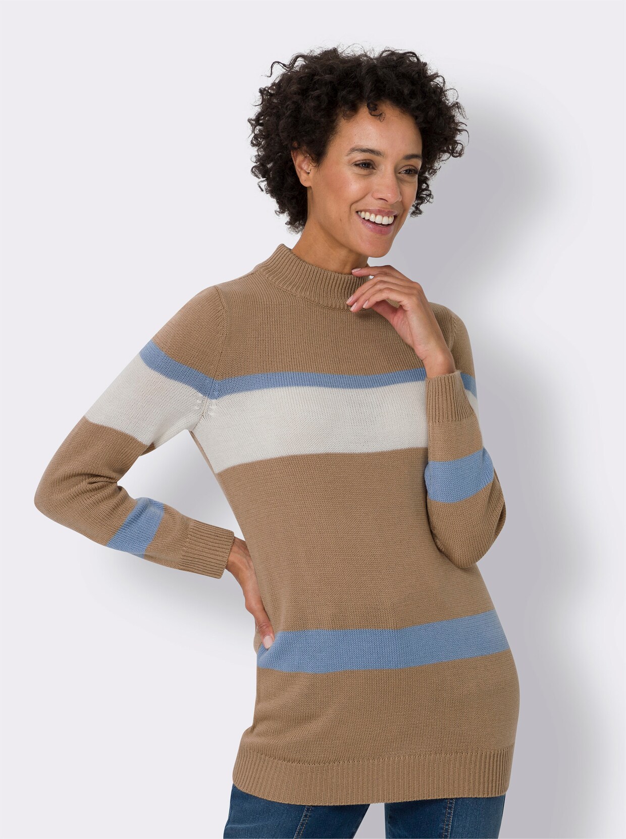 Lange pullover - camel/ecru gedessineerd