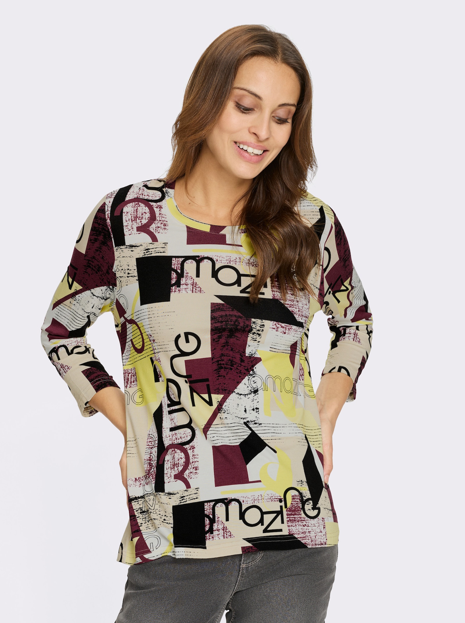 Print-Shirt mit 3/4-Ärmeln - limone-burgund-bedruckt