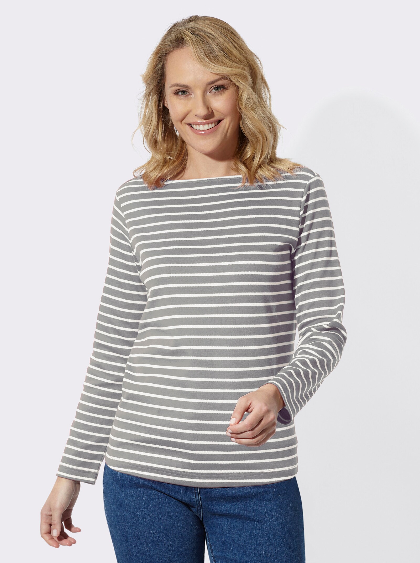 Sweatshirt im Ringel-Dessin - steingrau-ecru-geringelt