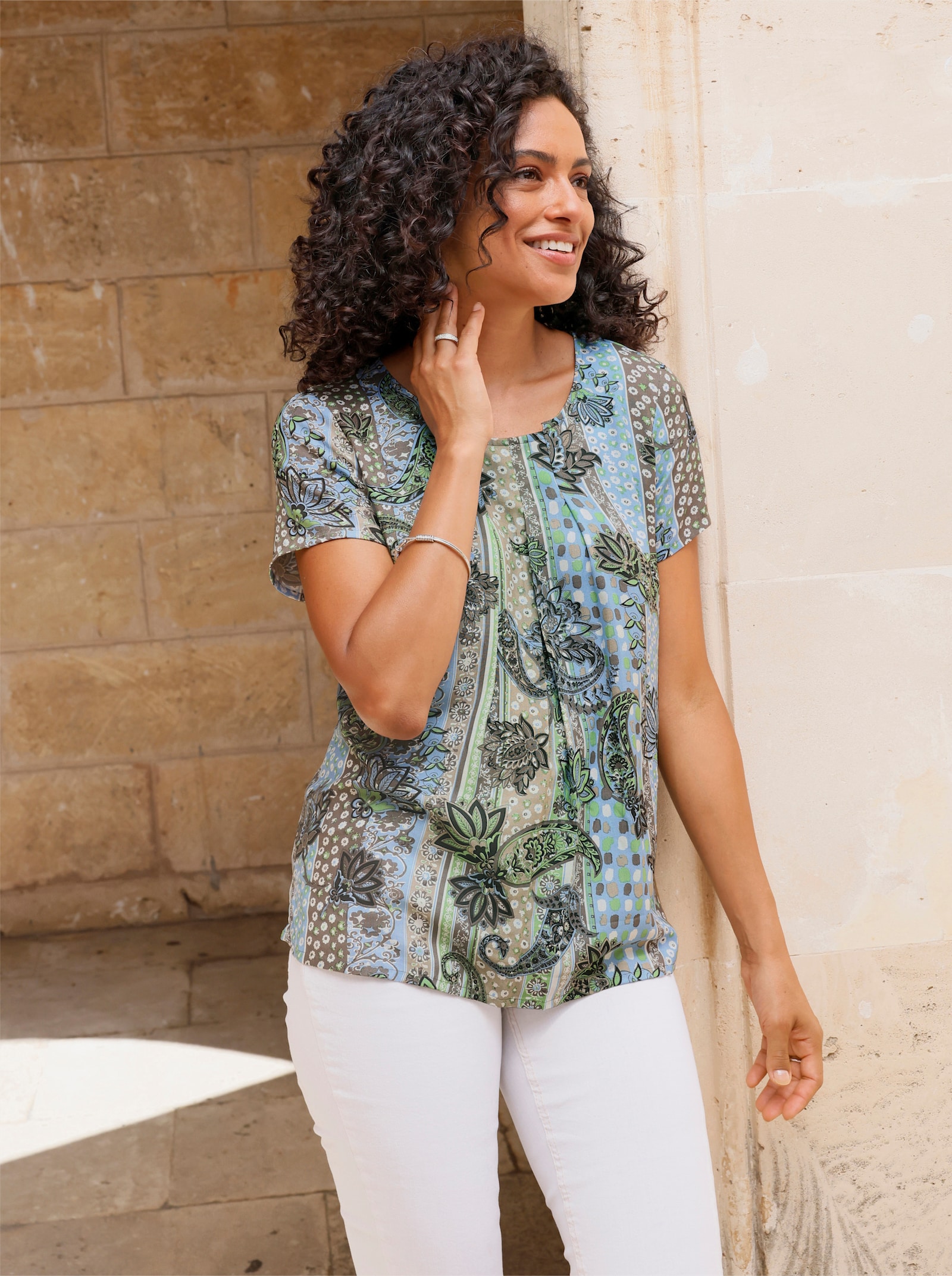 Druckbluse mit Seitenschlitzen - taupe-eucalyptus
