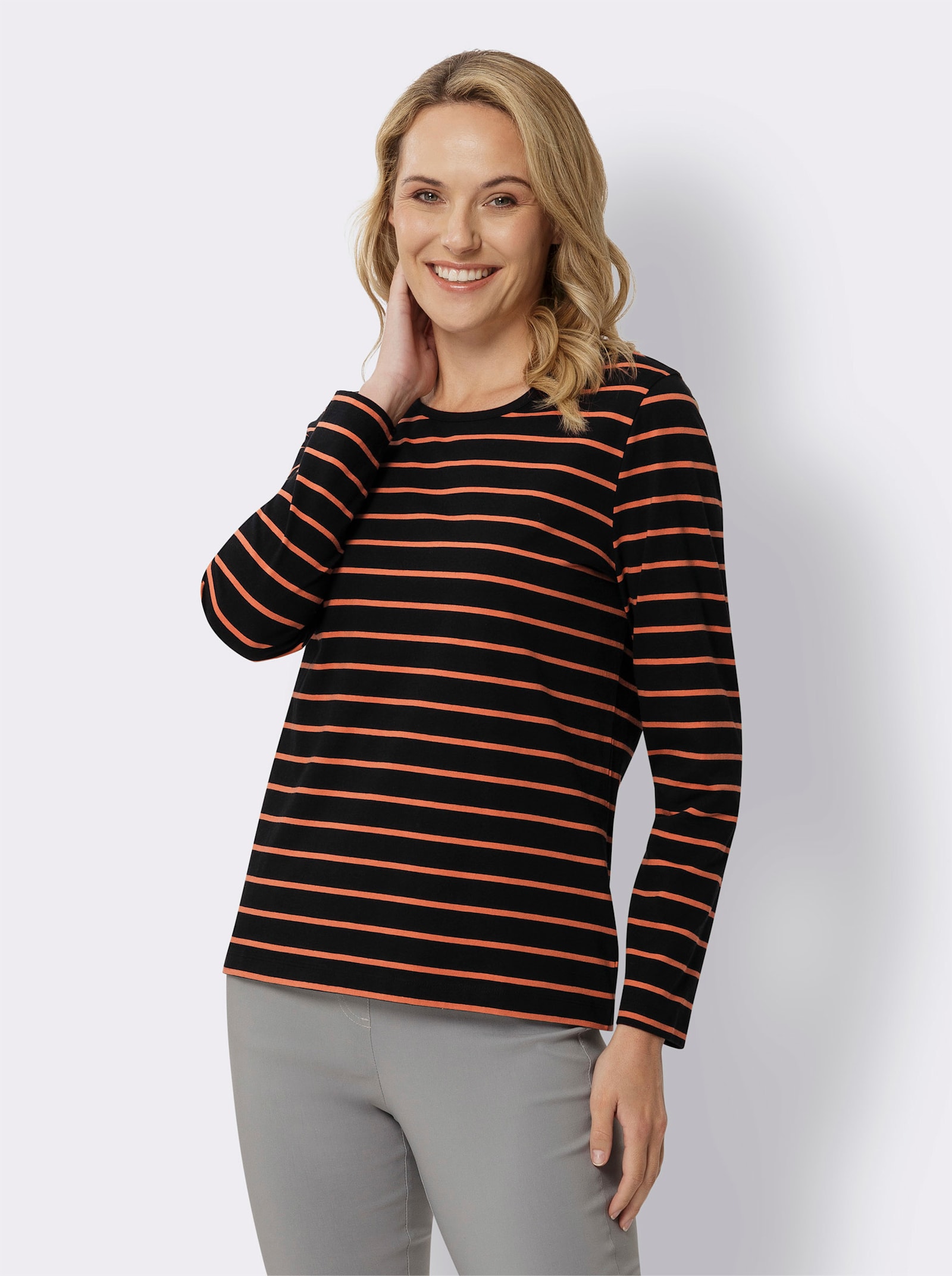 Shirt met lange mouwen en in het garen geverfd patroon - terra/zwart-gestreept