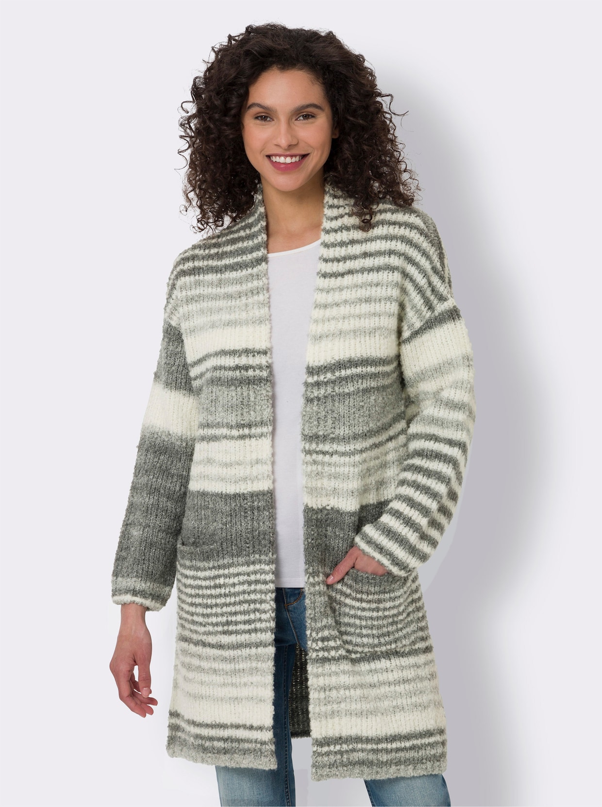 heine Strickjacke - ecru-grau-geringelt