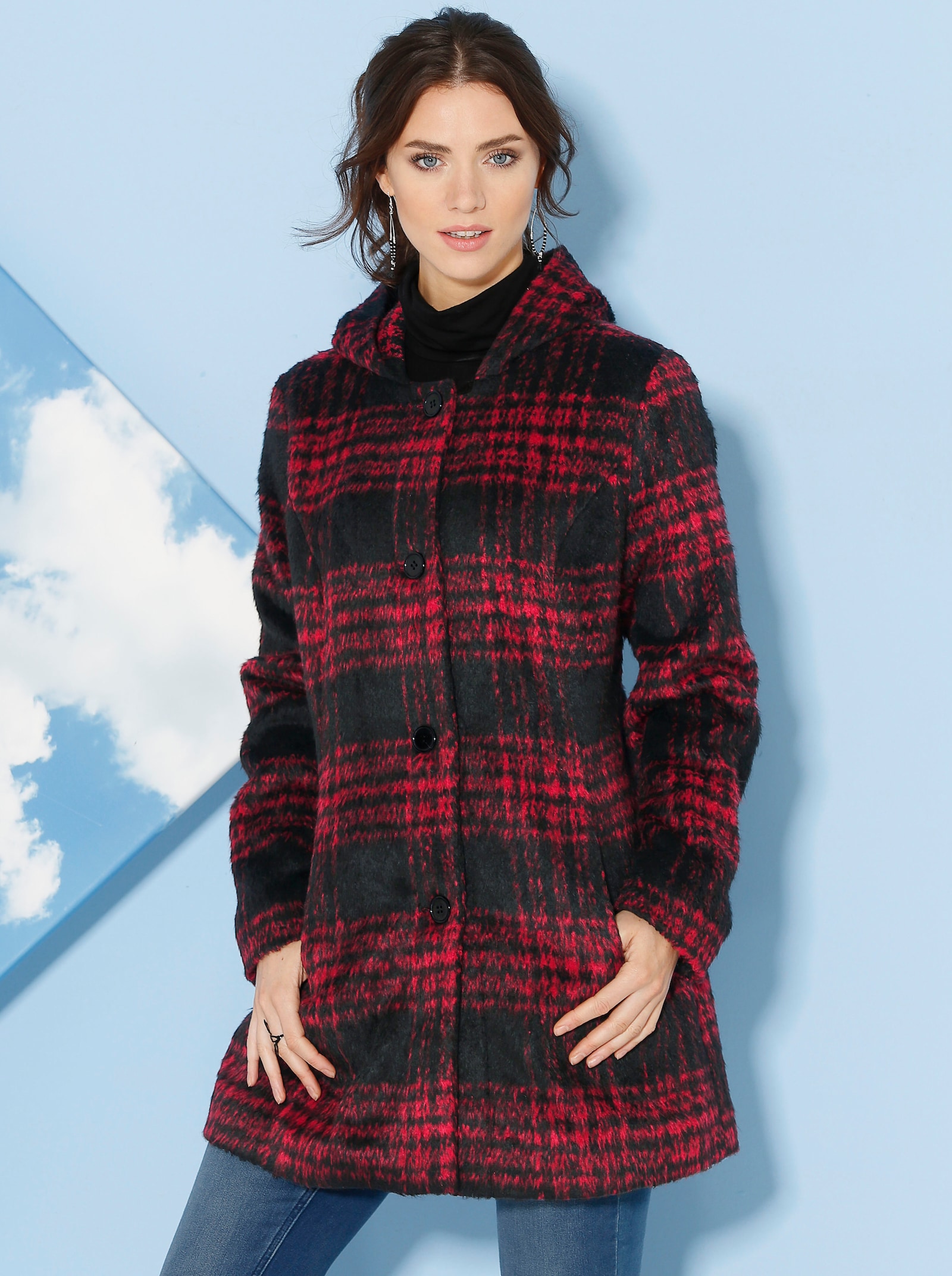 Outdoorová bunda slušivého dlouhého střihu - černá-červená-kostka