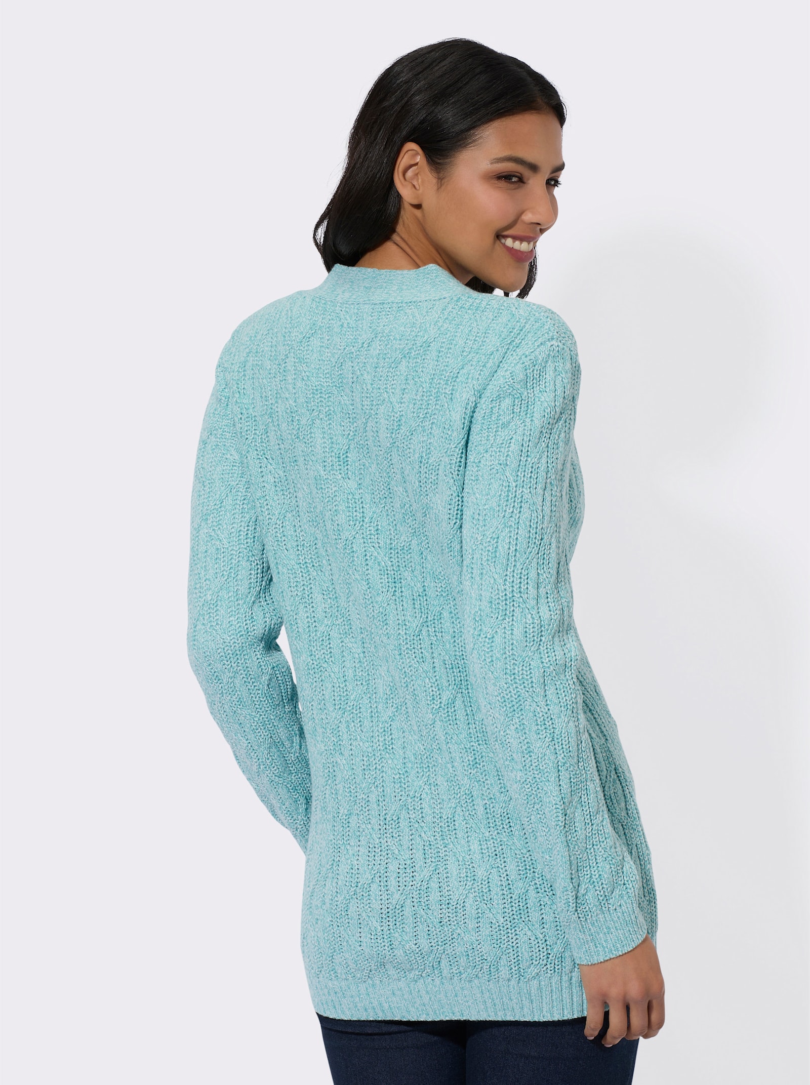 Strickjacke mit Zopf-Strickmuster - ozean-meliert