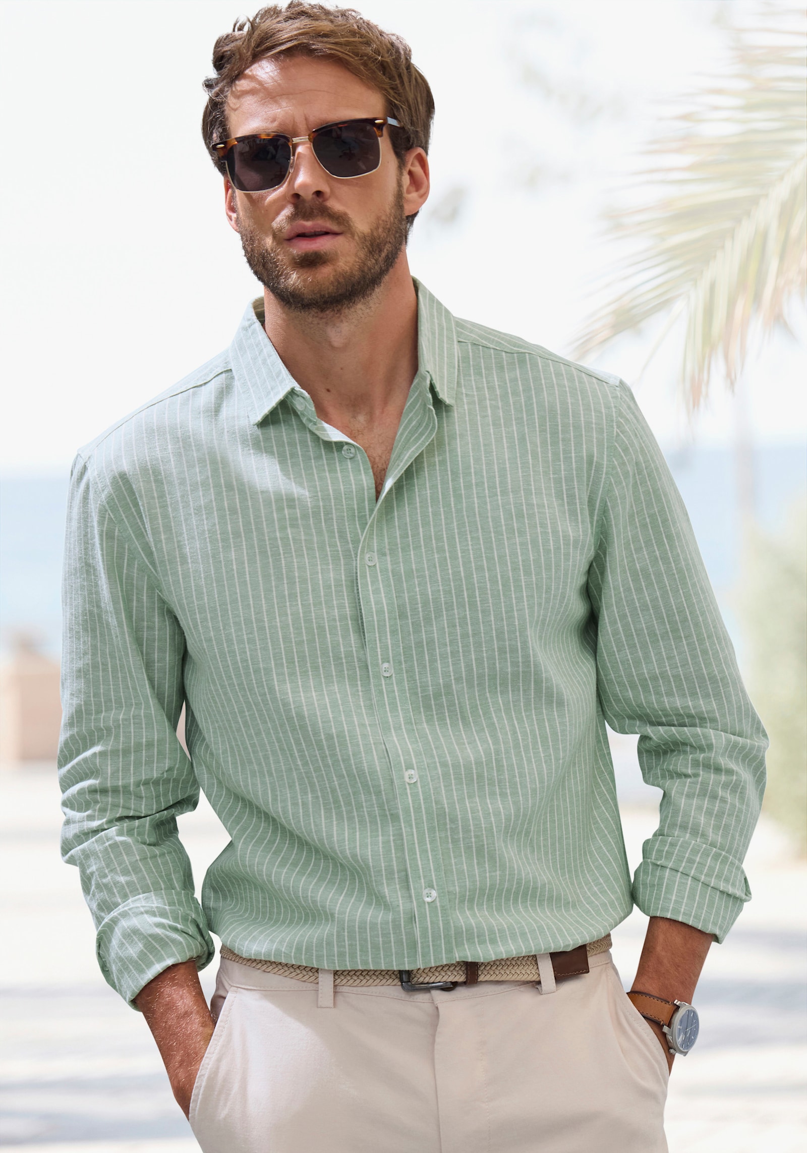 John Devin Langarmhemd - grün-weiß-gestreift