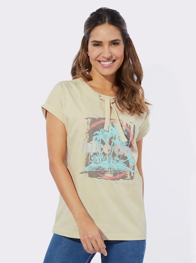 Kurzarmshirt mit Glitzerdruck - sand-taupe