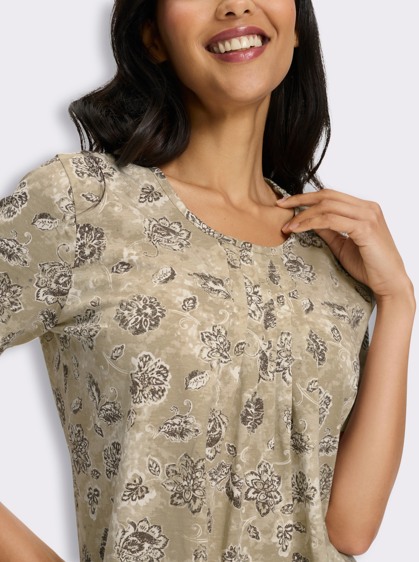 Kurzarmshirt mit Faltenpartie vorne - taupe-beige-bedruckt