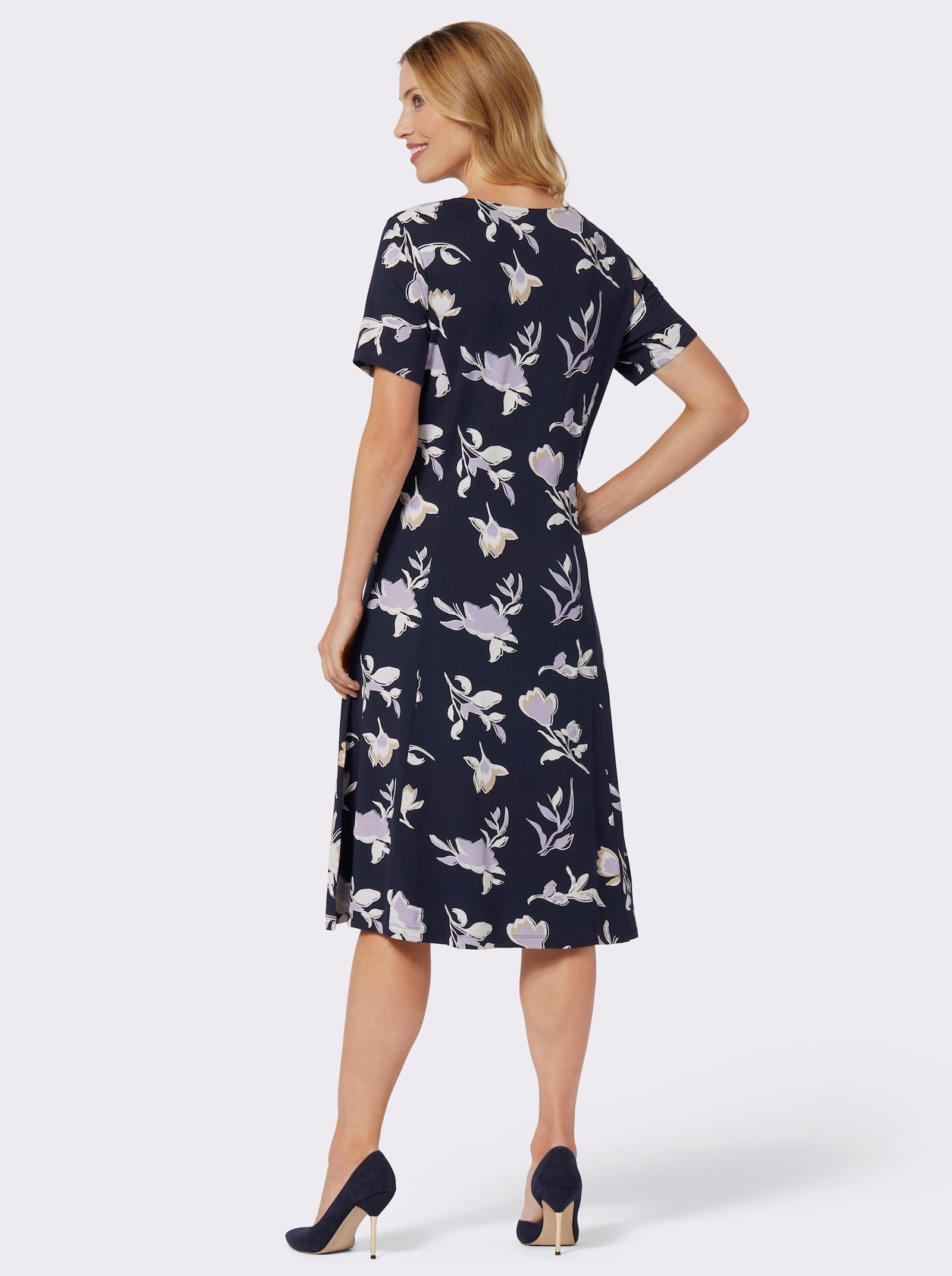 Jerseykleid in Schlupfform - marine-flieder-bedruckt