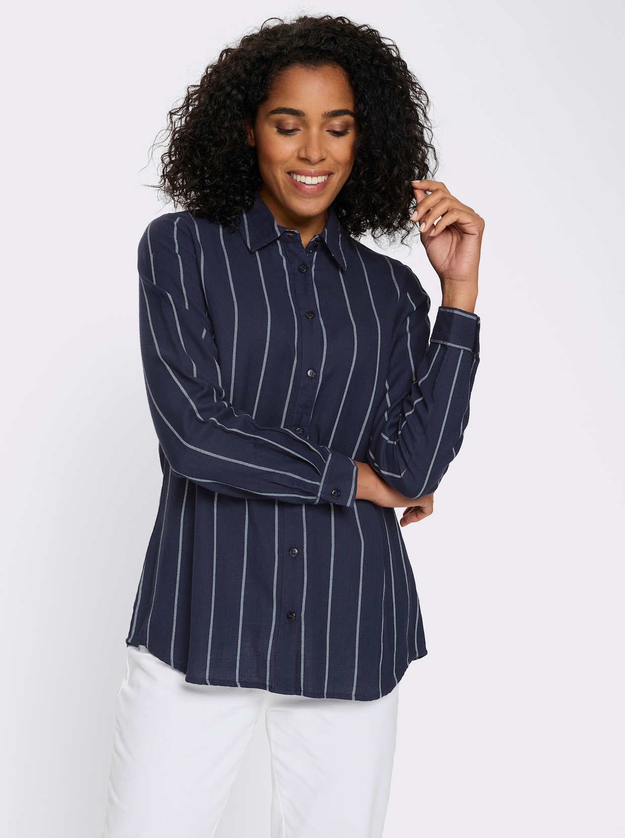 Longbluse im Streifen-Dessin - marine-ecru-gestreift