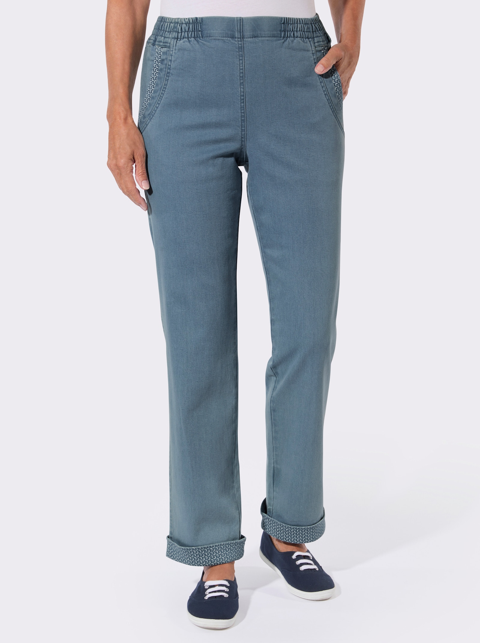 Schlupfjeans mit Bananen-Tasche - blue-bleached