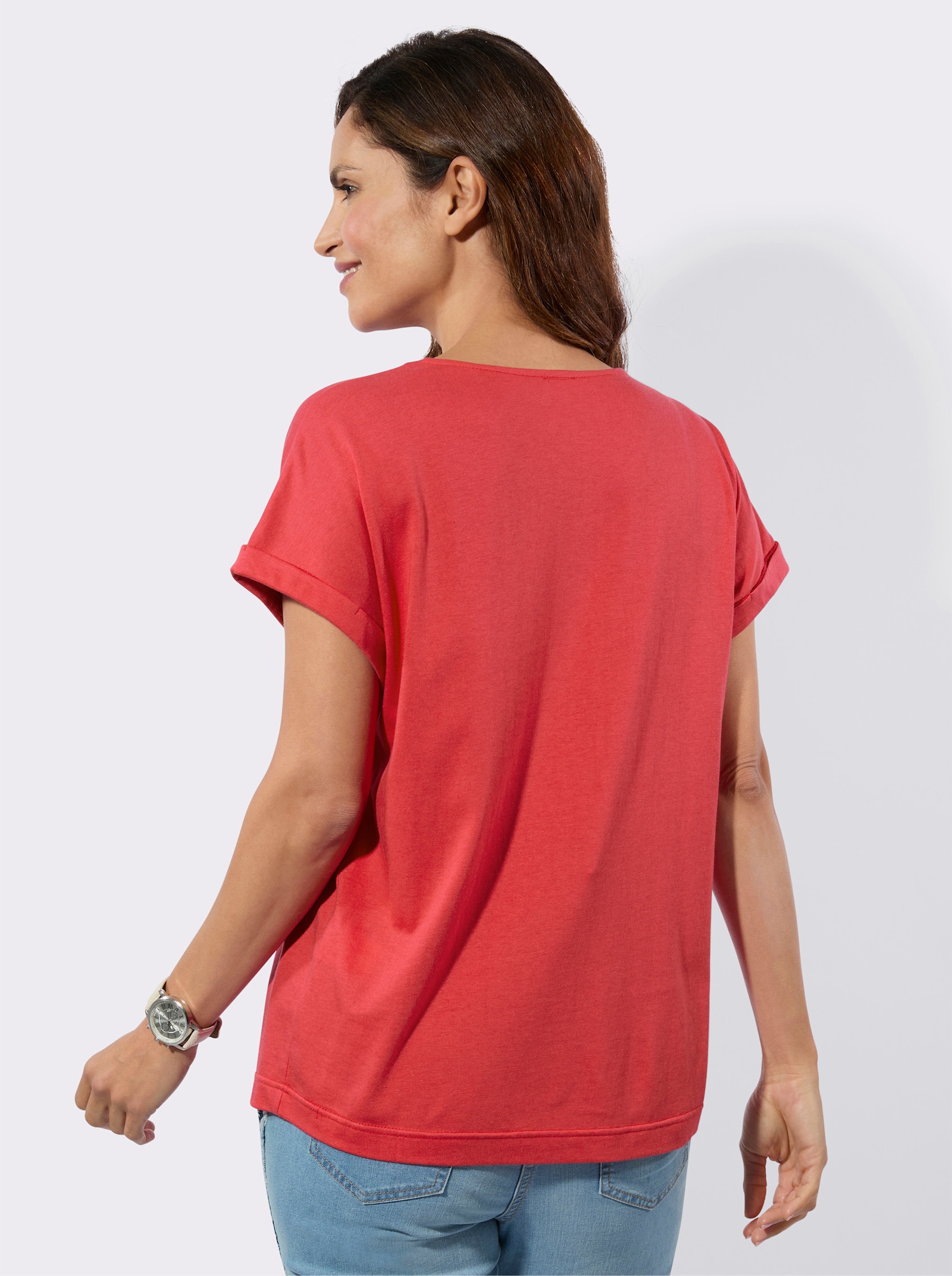 Rundhalsshirt mit Schriftzug - erdbeere-weiß