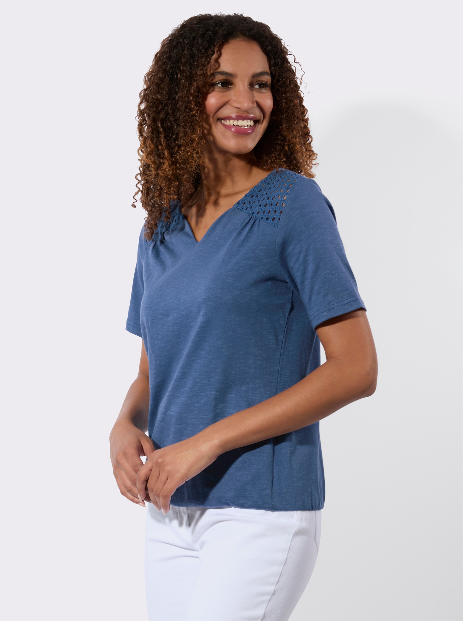 Krajkové tričko s elastickým dolním lemem - džínová modrá