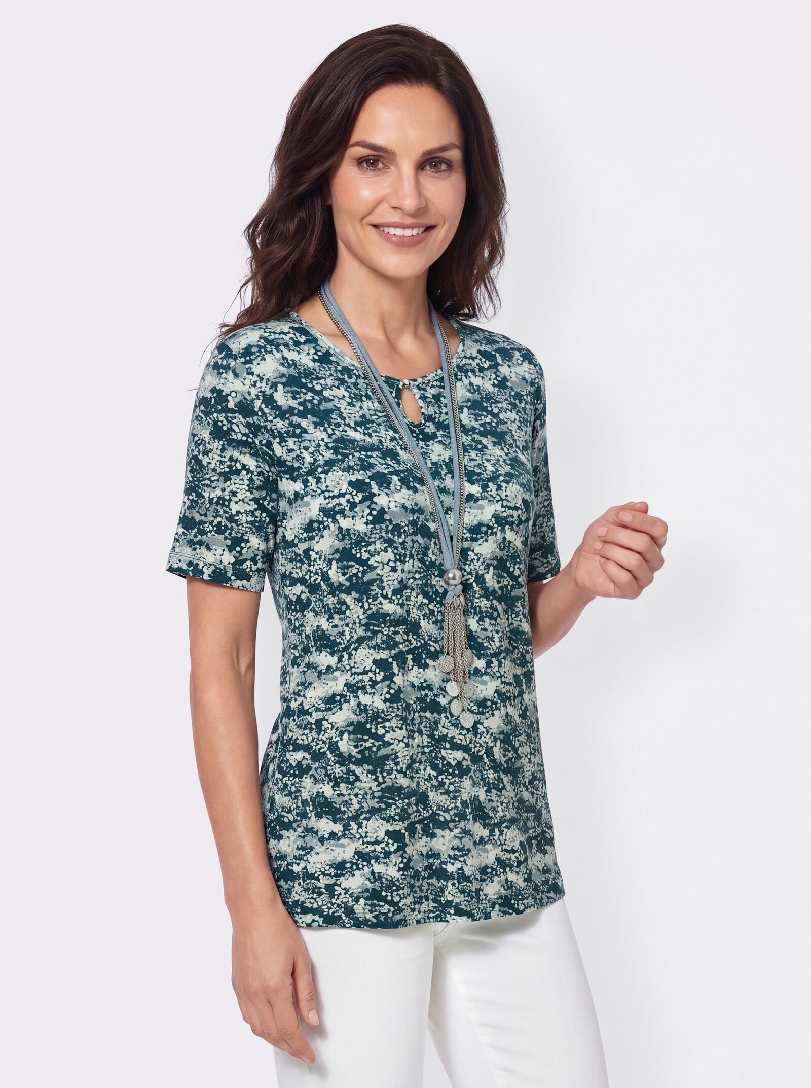 Kurzarmshirt mit Tropfen-Ausschnitt - kalkmint-aquapetrol-gemustert