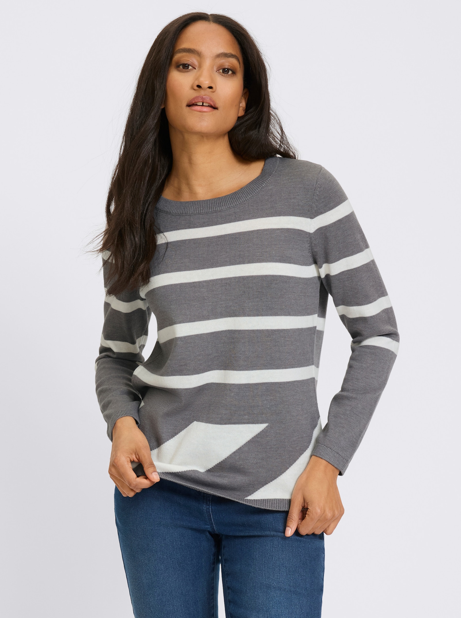 heine Pullover mit Rippenbündchen - grau-ecru-gemustert