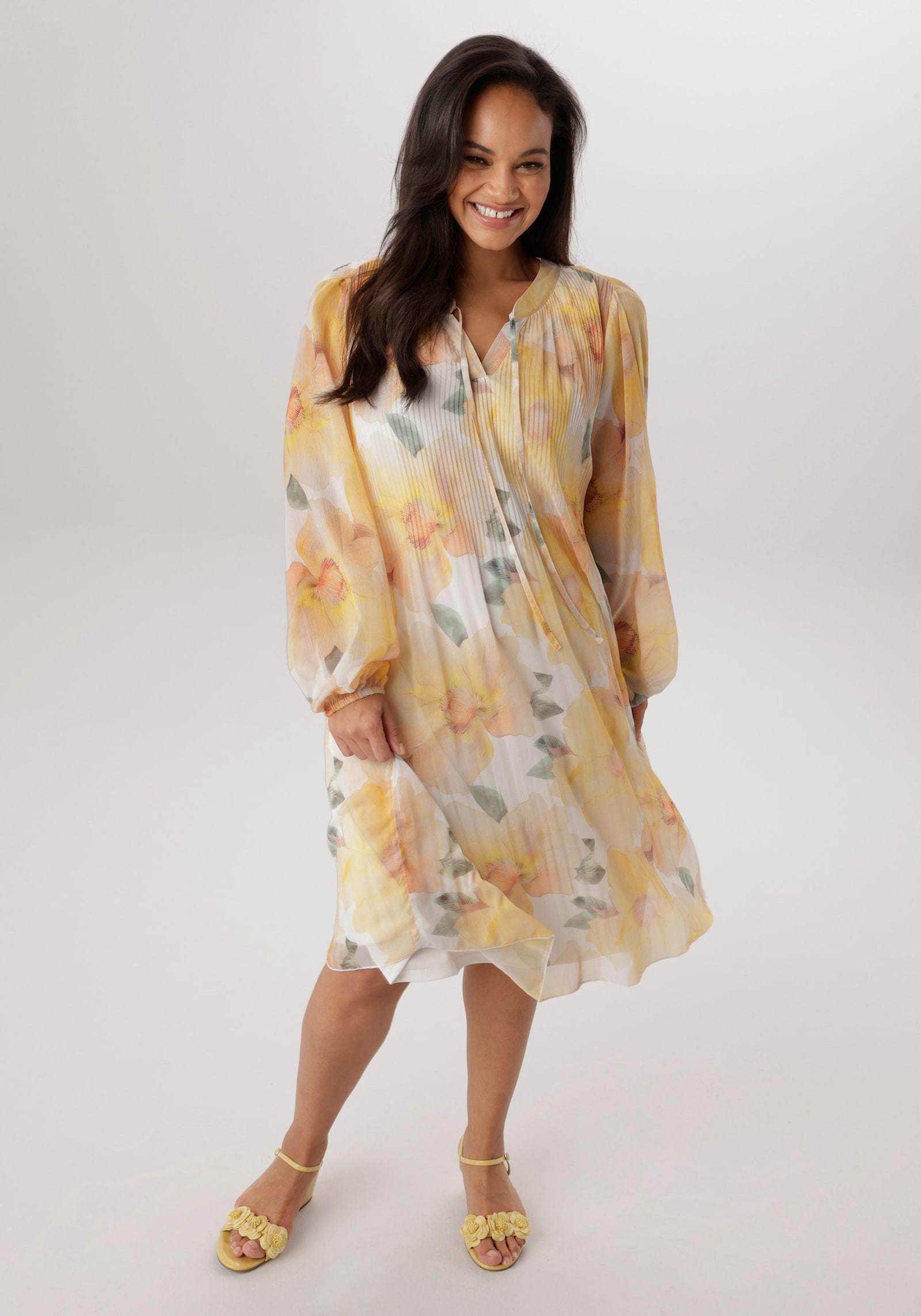 Aniston PLUS Sommerkleid - weiß-gelb-olive