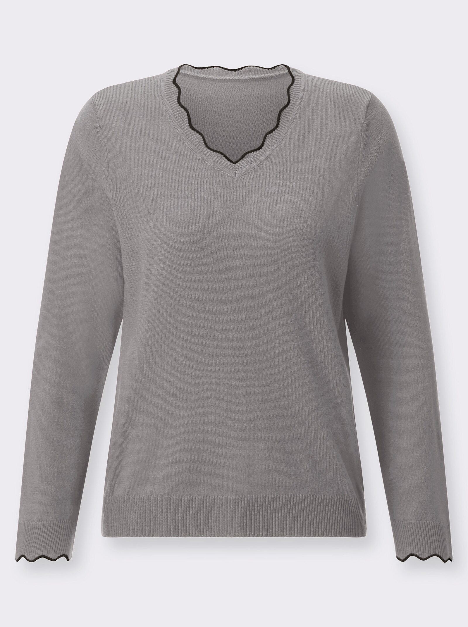 V-Ausschnitt-Pullover mit gewelltem Abschluss - steingrau