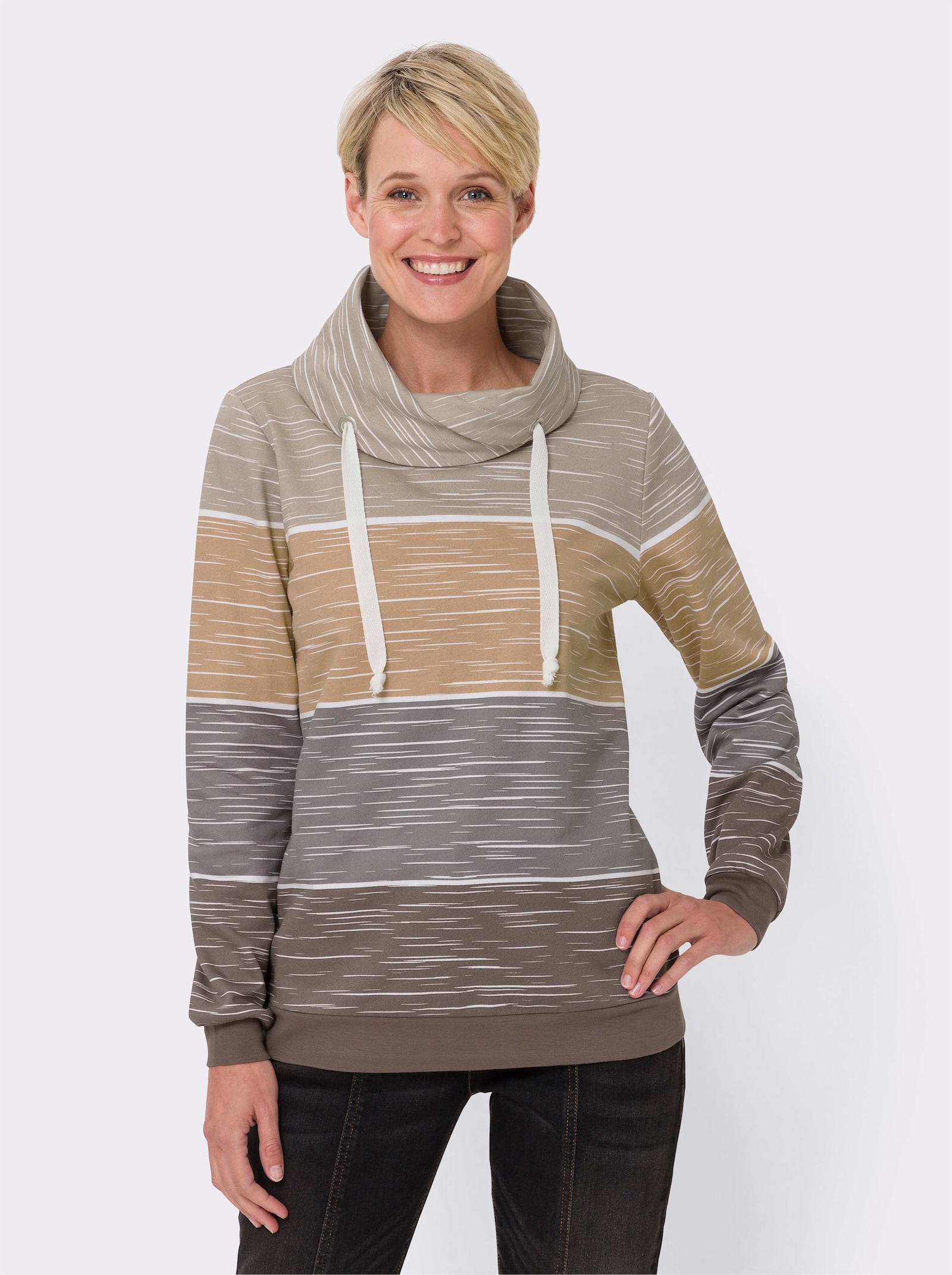 Sweatshirt mit überlappendem Rollkragen - dunkeltaupe-sesam-bedruckt