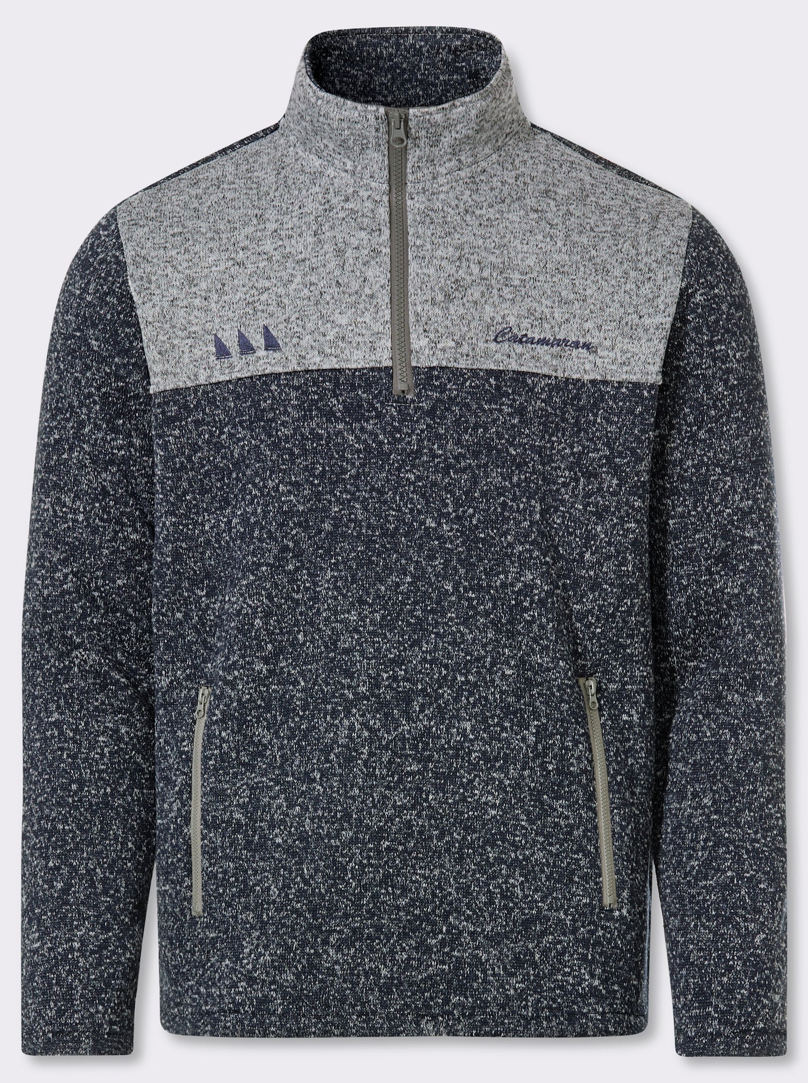 Catamaran Strickfleece-Pullover mit Stickerei - rauchblau-grau-meliert