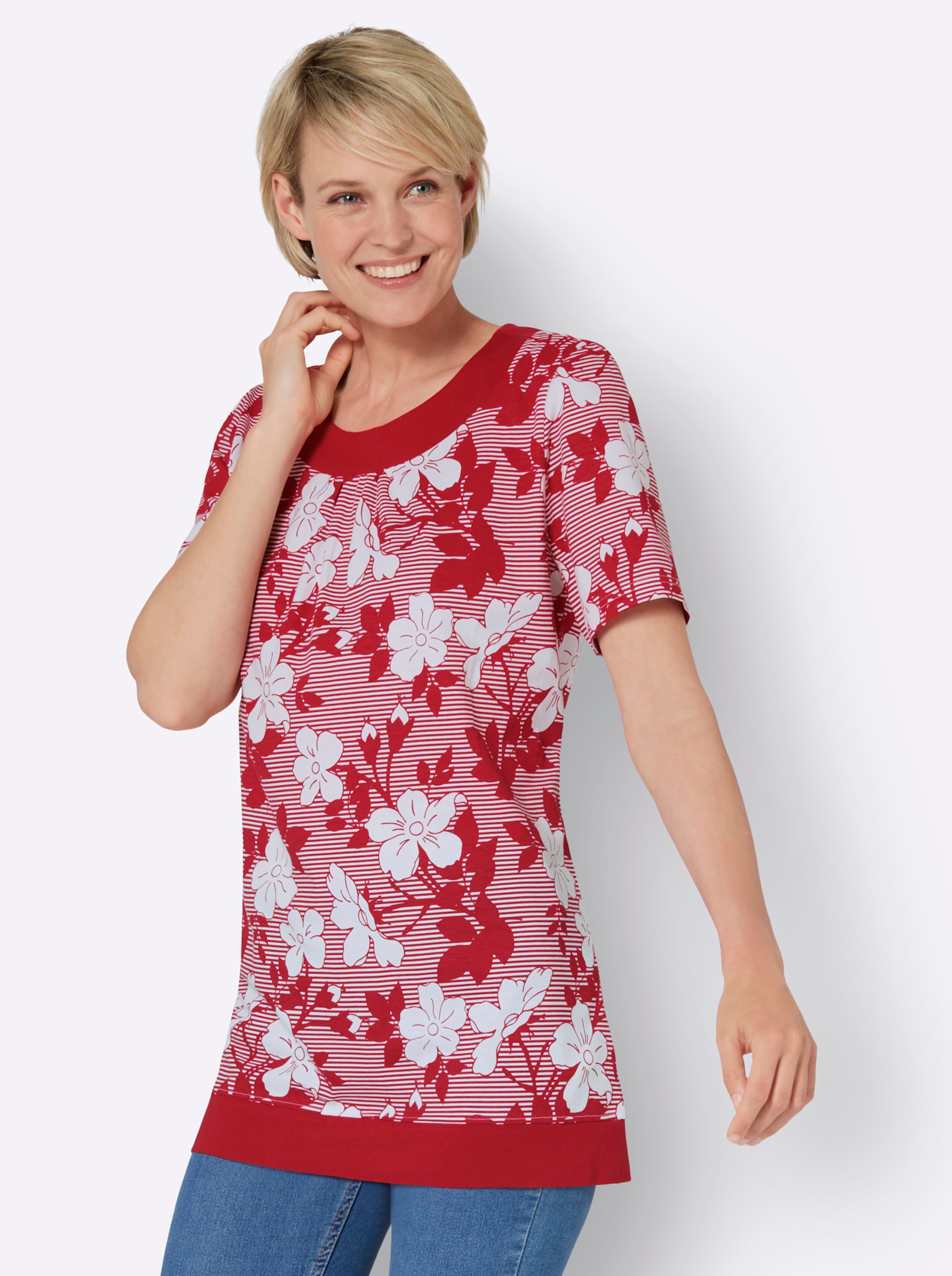 Witt Damen Longshirt, rot-weiß-bedruckt